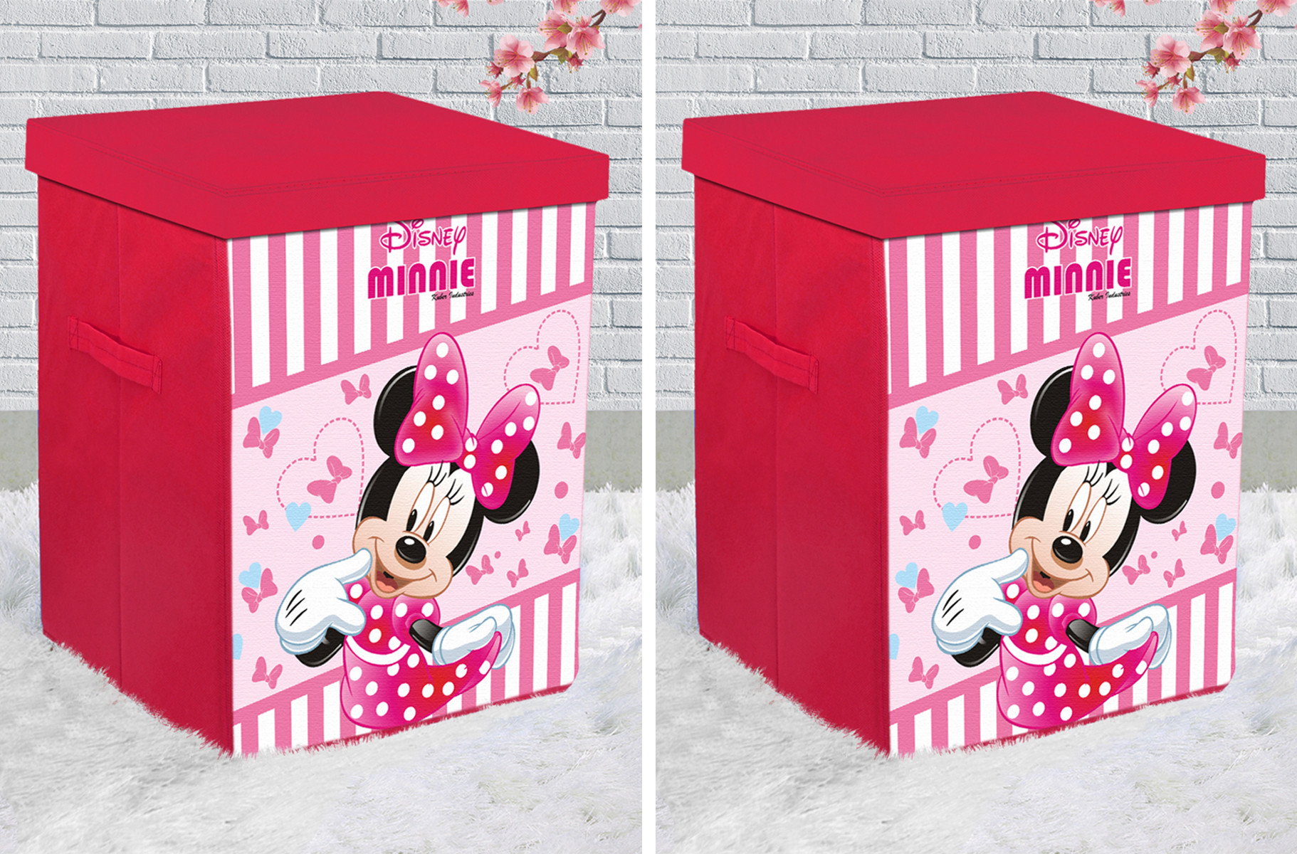 Kuber Industries Disney Minnie Print Non Woven Fabric Foldable Laundry Organiser With Lid & Handles (Pink)