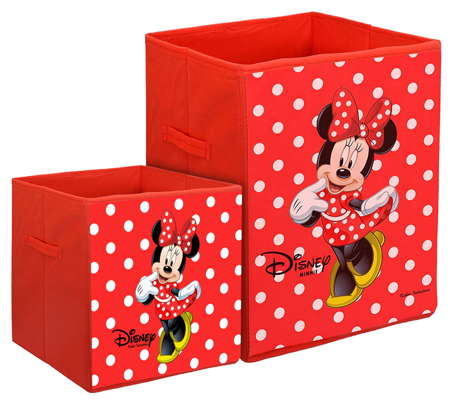 Kuber Industries Disney Minnie Print Non Woven Large Size Fabric Foldable Laundry Basket And Small Size Cube Toy,Books,Shoes Storage Box With Handle (Set Of 2, Red)-KUBMRT11891