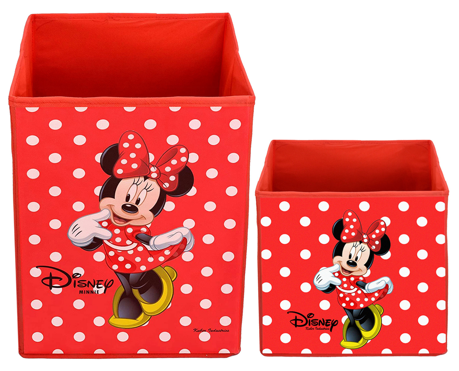 Kuber Industries Disney Minnie Print Non Woven Large Size Fabric Foldable Laundry Basket And Small Size Cube Toy,Books,Shoes Storage Box With Handle (Set Of 2, Red)-KUBMRT11891