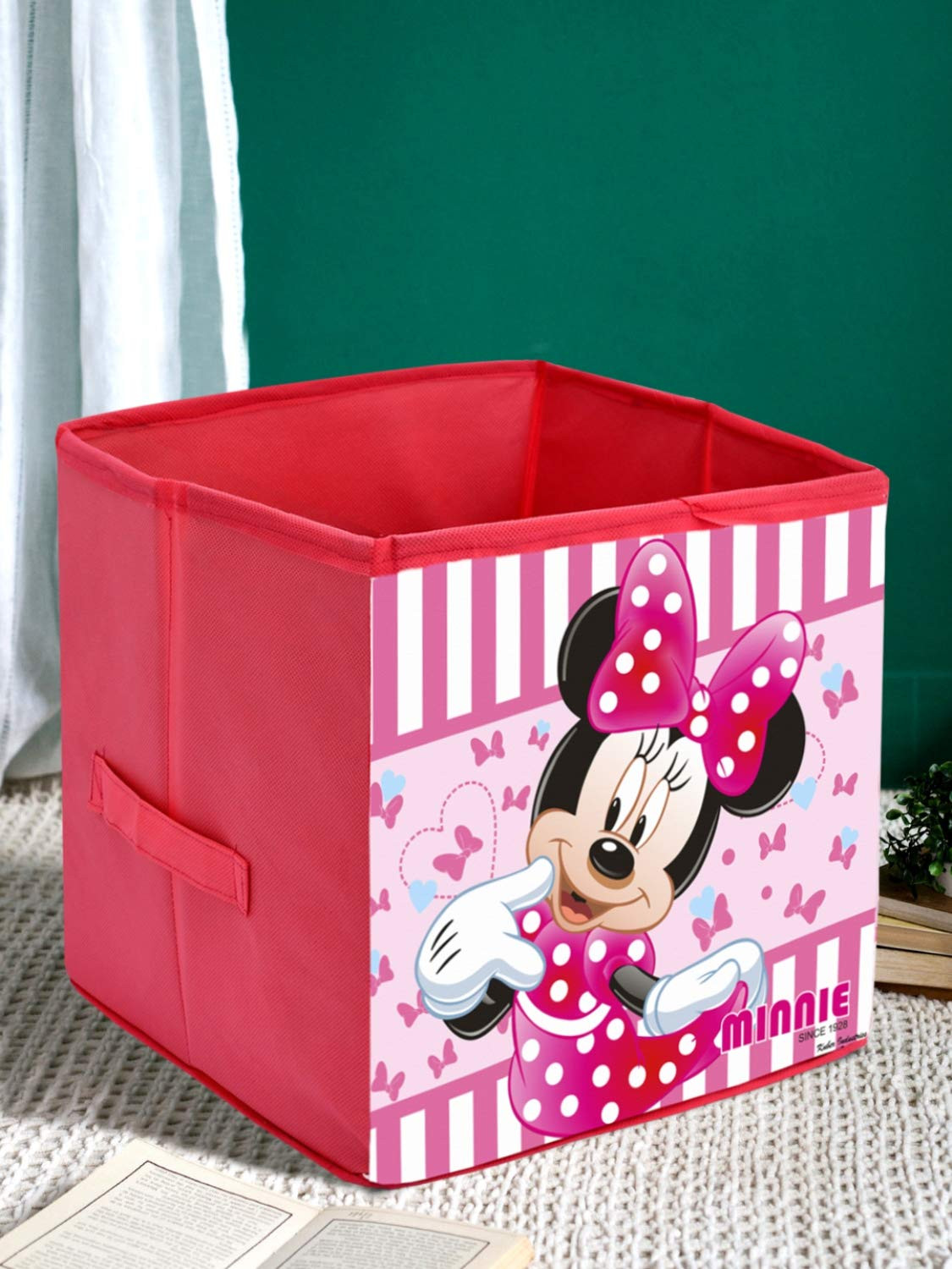 Kuber Industries Disney Minnie Print Non Woven Large Size Fabric Foldable Laundry Basket And Small Size Cube Toy,Books,Shoes Storage Box With Handle (Set Of 2, Pink)-KUBMRT11895