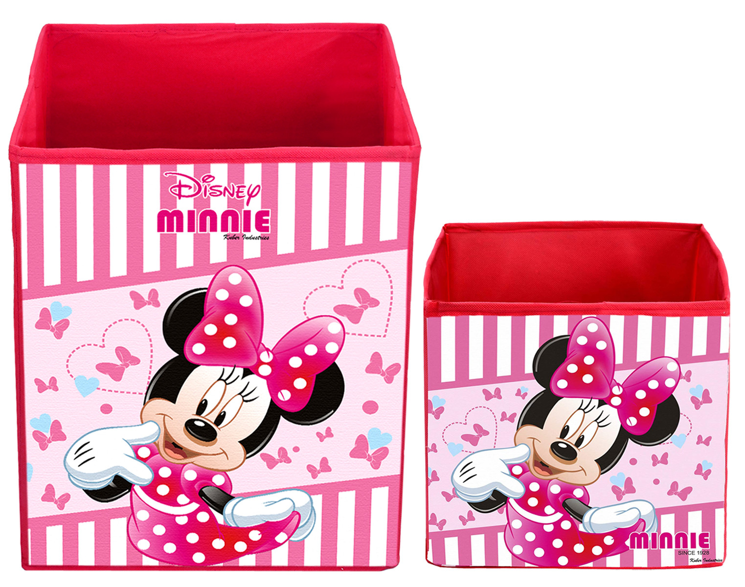 Kuber Industries Disney Minnie Print Non Woven Large Size Fabric Foldable Laundry Basket And Small Size Cube Toy,Books,Shoes Storage Box With Handle (Set Of 2, Pink)-KUBMRT11895