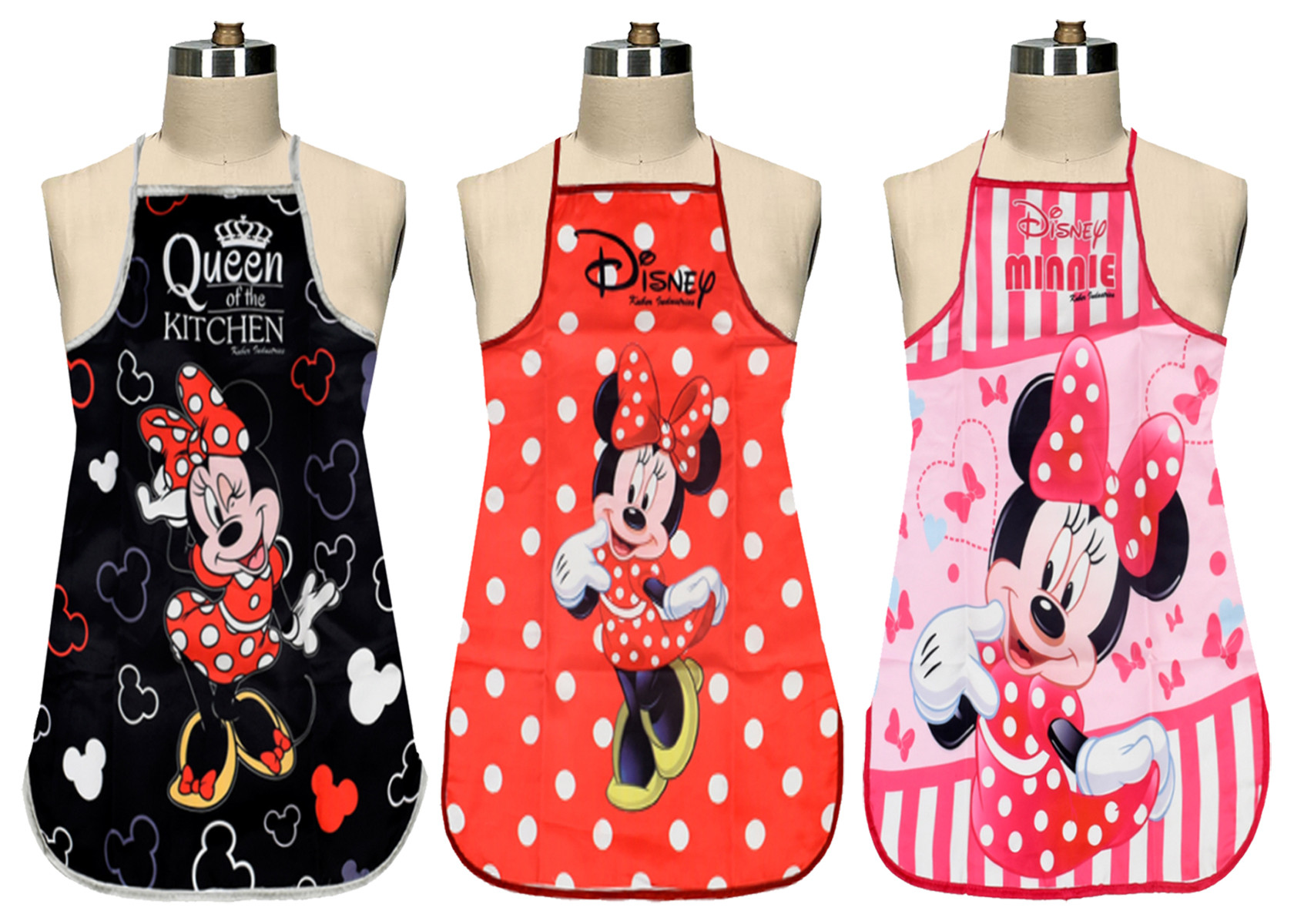 Kuber Industries Disney Minnie Print Silk 3 Pieces Waterproof Kitchen Apron (Black & Red & Pink)