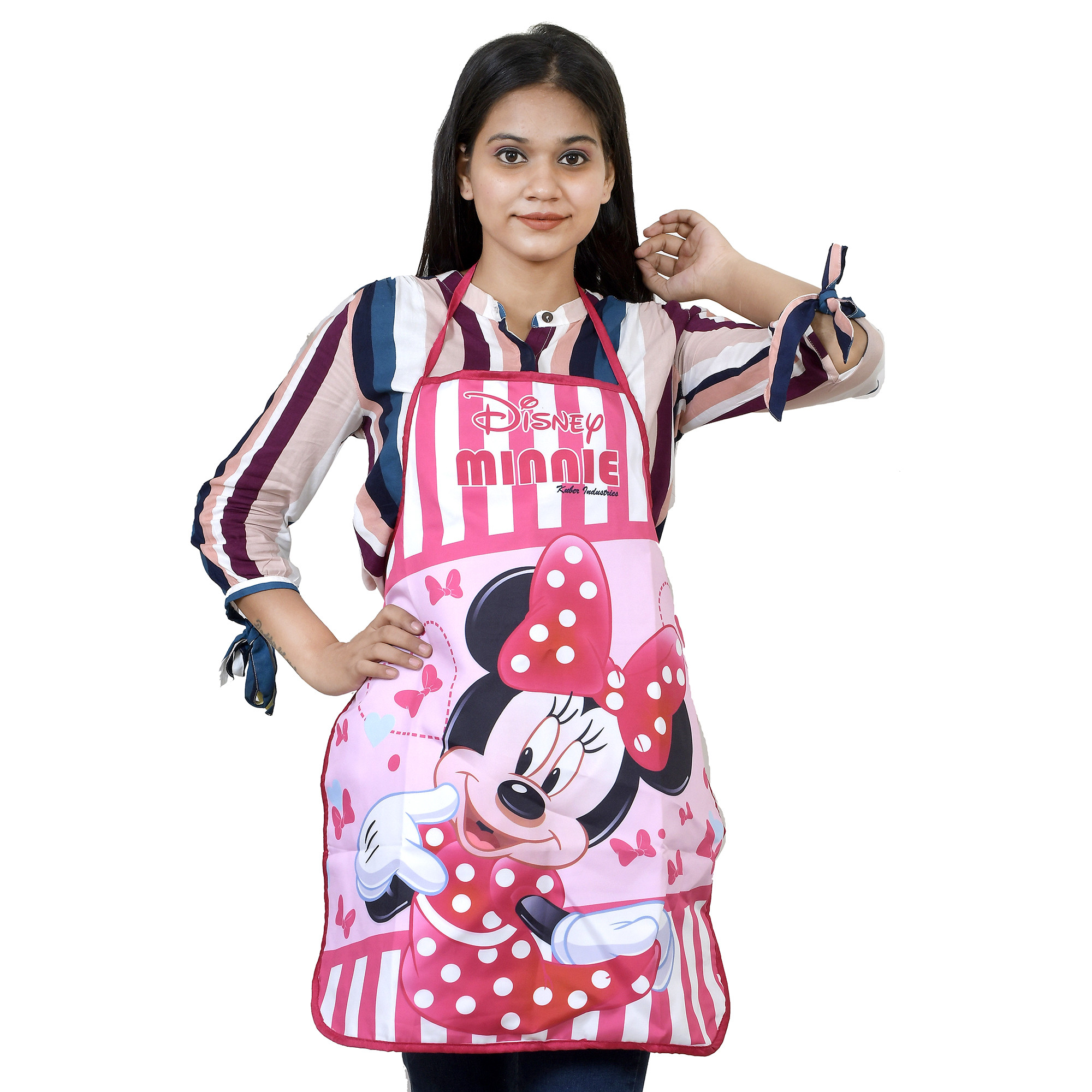 Kuber Industries Disney Minnie Print Silk Kitchen Apron Red  Pink