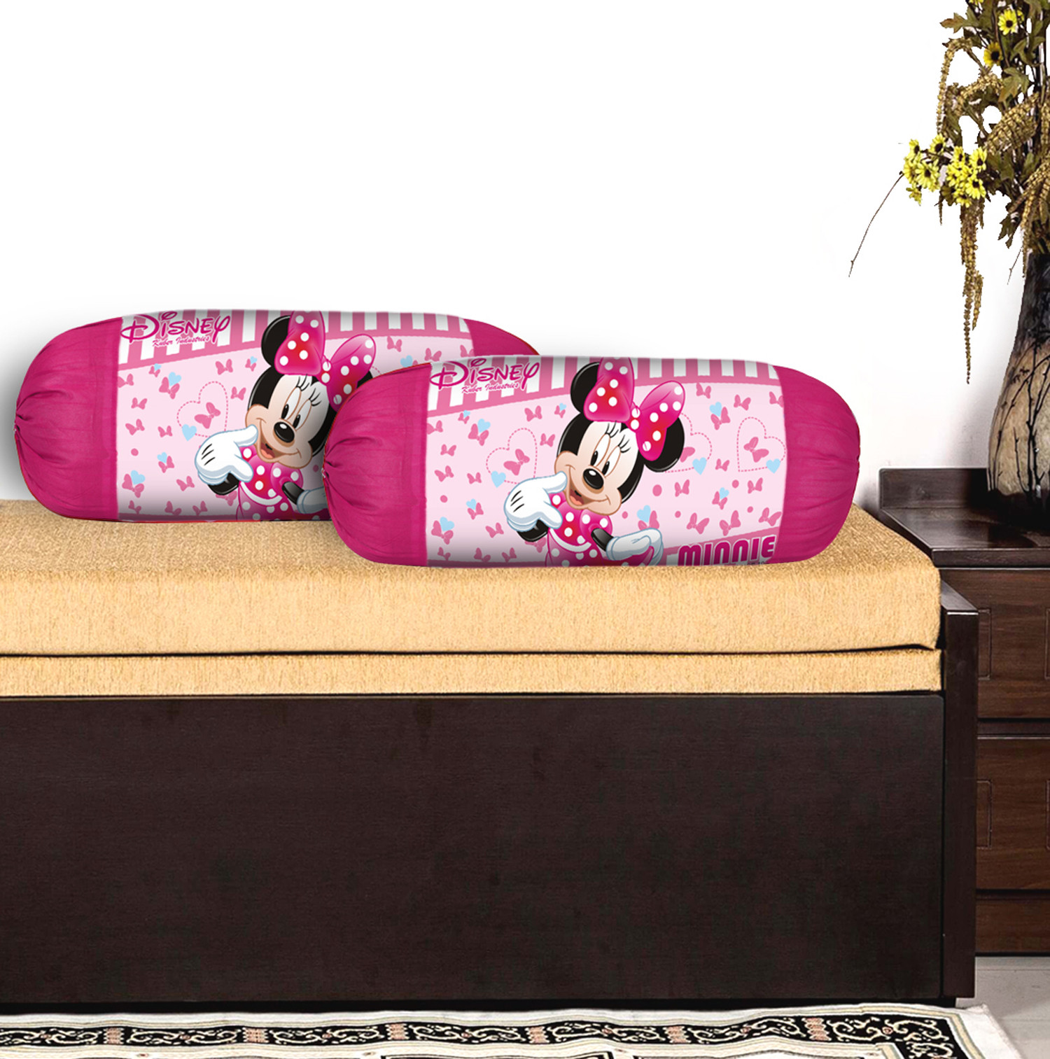 Kuber Industries Disney Minnie Print Silk Special long Crush Bolster Cover-Pink