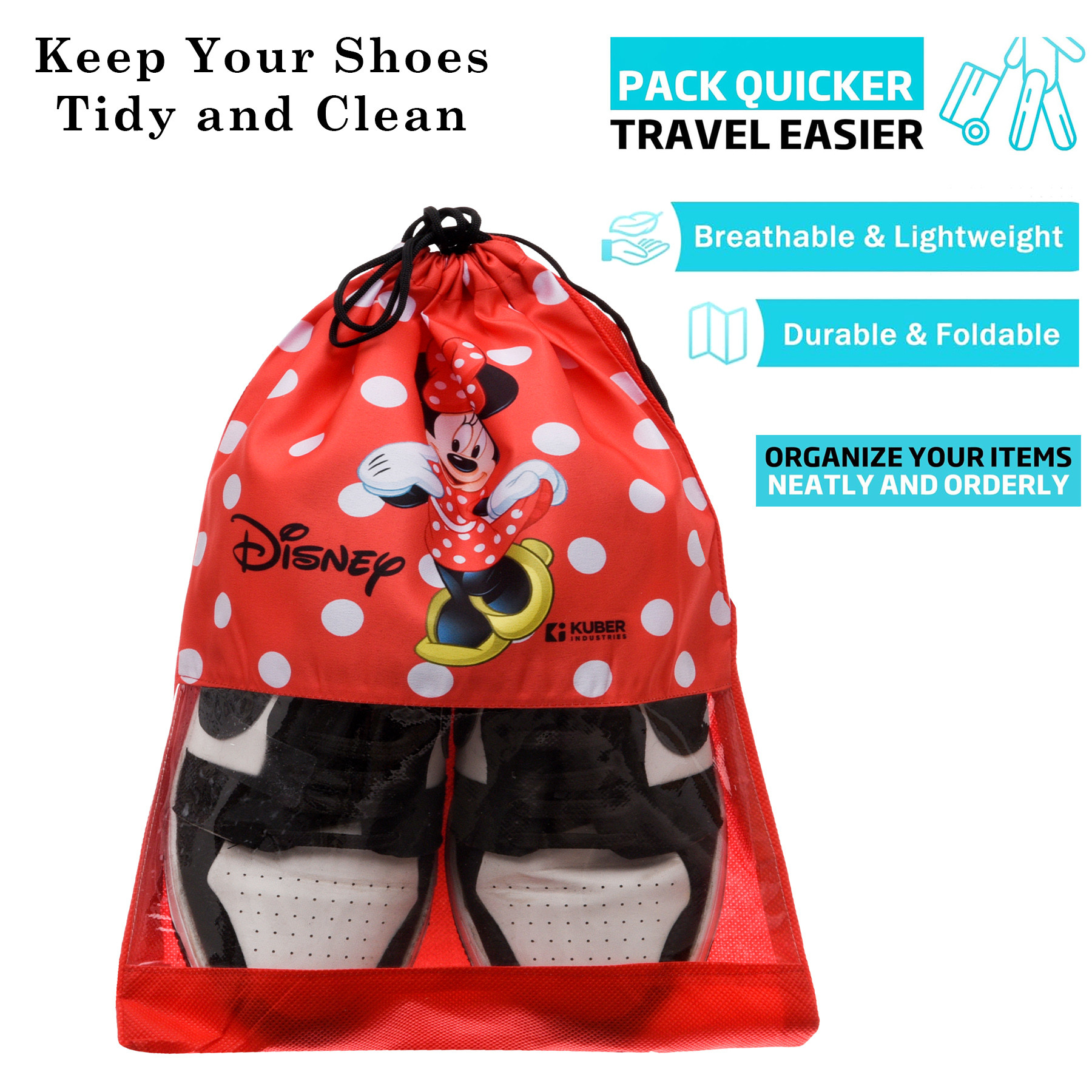Kuber Industries Disney Minnie Shoe Cover  Travel Shoe Storage Bags  Polyester Storage Bag  Drawstring Shoe Cover  Shoe Organizer with Clear window  Pack of 6  Red