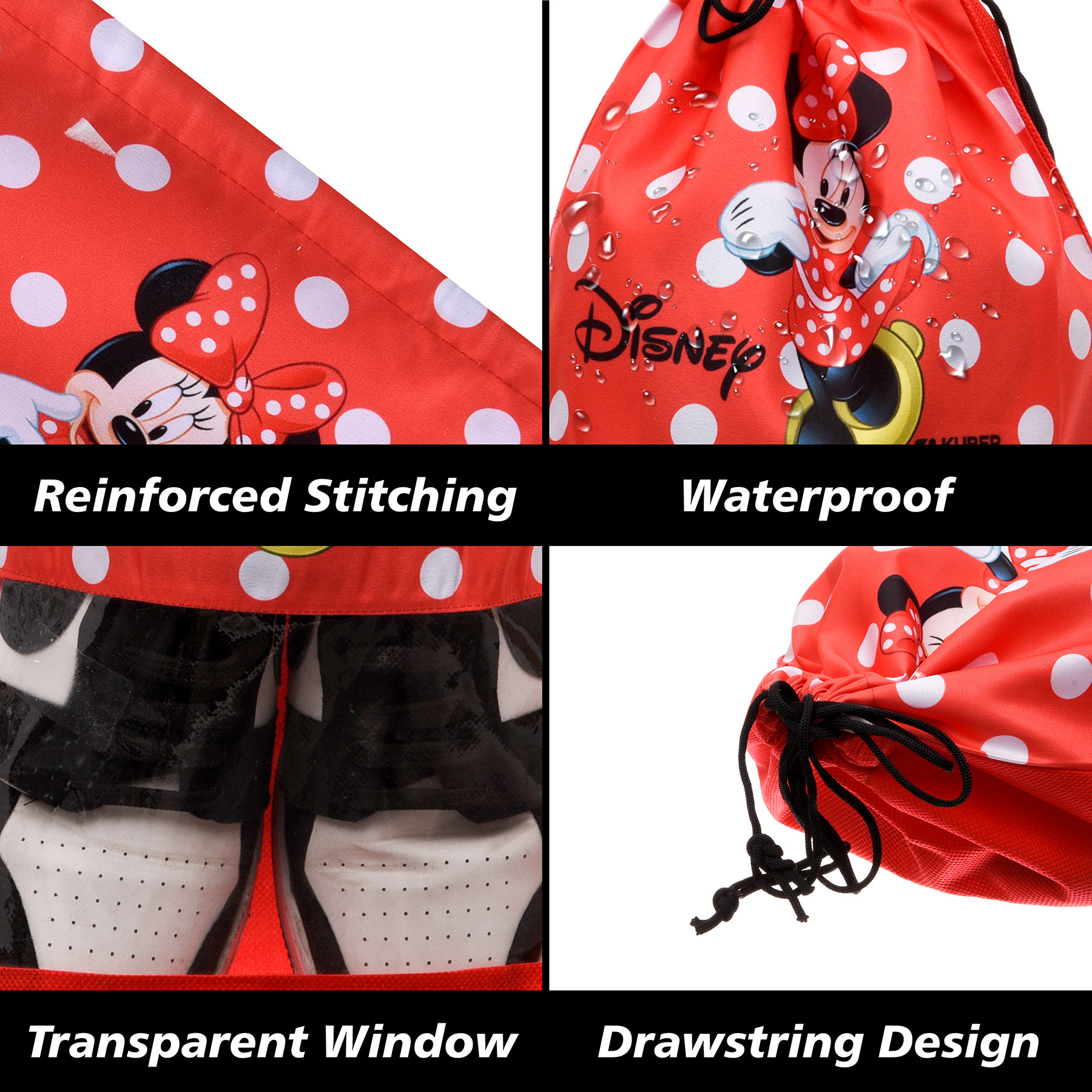 Kuber Industries Disney Minnie Shoe Cover  Travel Shoe Storage Bags  Polyester Storage Bag  Drawstring Shoe Cover  Shoe Organizer with Clear window  Pack of 6  Red