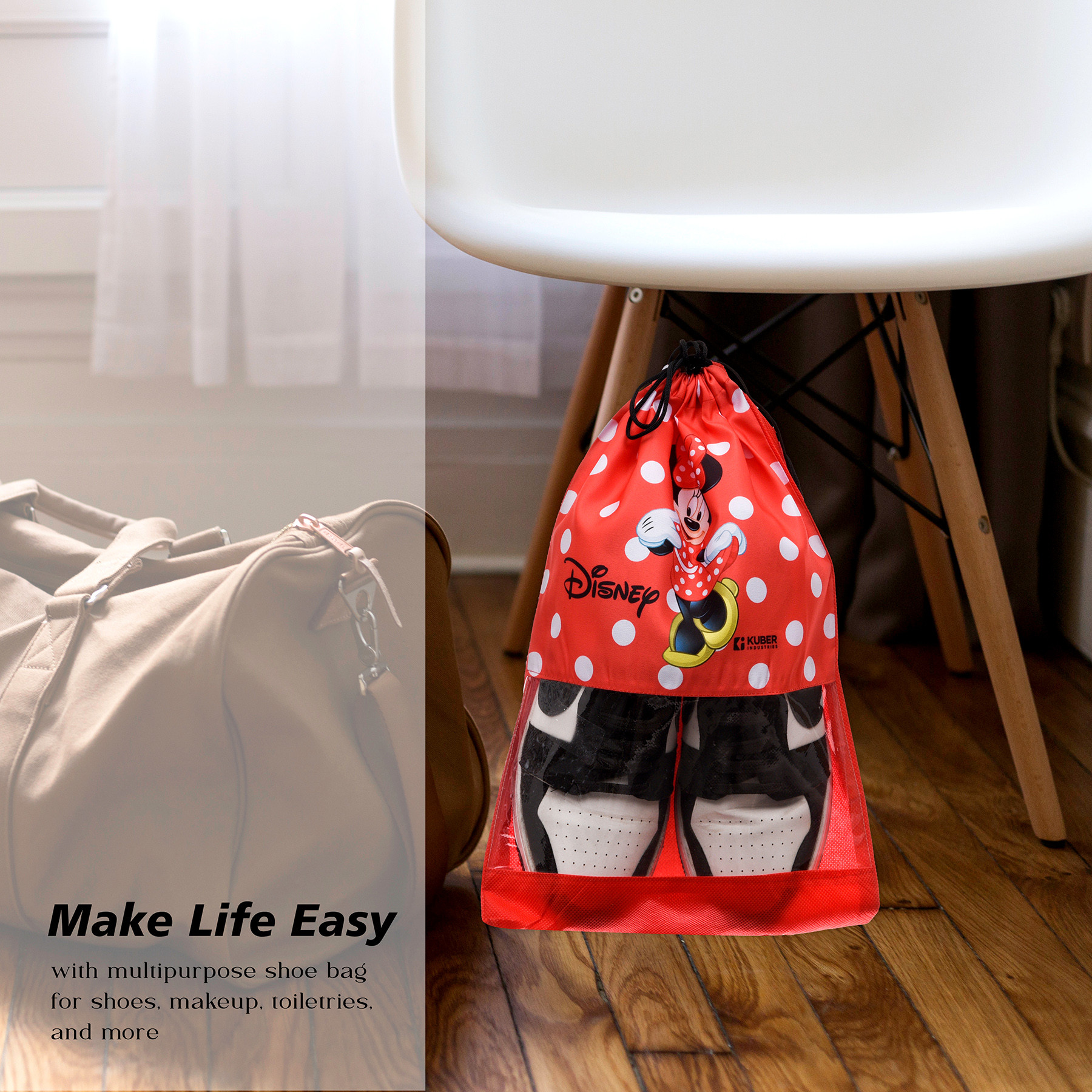 Kuber Industries Disney Minnie Shoe Cover  Travel Shoe Storage Bags  Polyester Storage Bag  Drawstring Shoe Cover  Shoe Organizer with Clear window  Pack of 6  Red