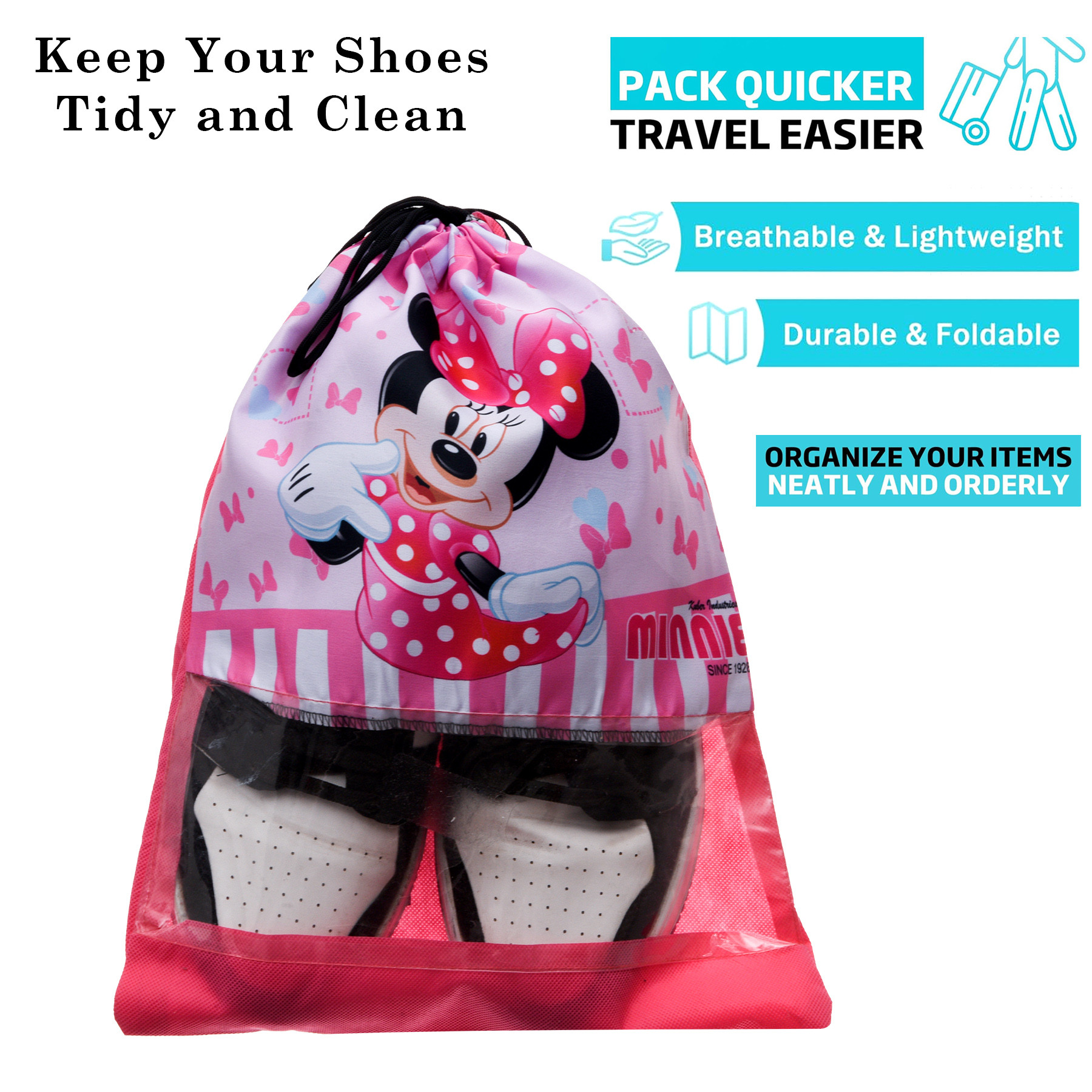 Kuber Industries Disney Minnie Shoe Cover  Travel Shoe Storage Bags  Polyester Storage Bag  Drawstring Shoe Cover  Shoe Organizer with Clear window  Pack of 6  Pink
