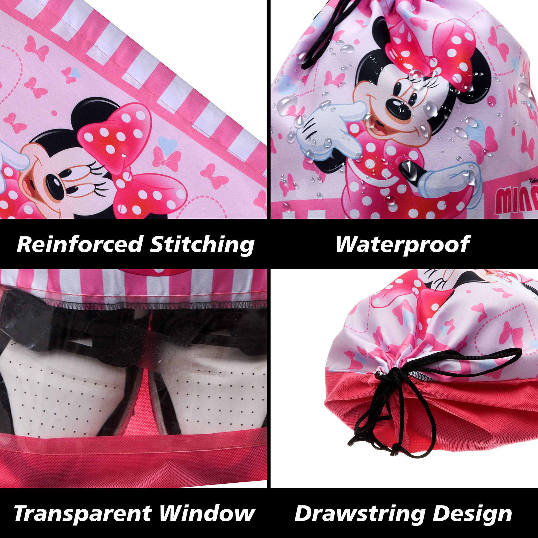 Kuber Industries Disney Minnie Shoe Cover  Travel Shoe Storage Bags  Polyester Storage Bag  Drawstring Shoe Cover  Shoe Organizer with Clear window  Pack of 6  Pink