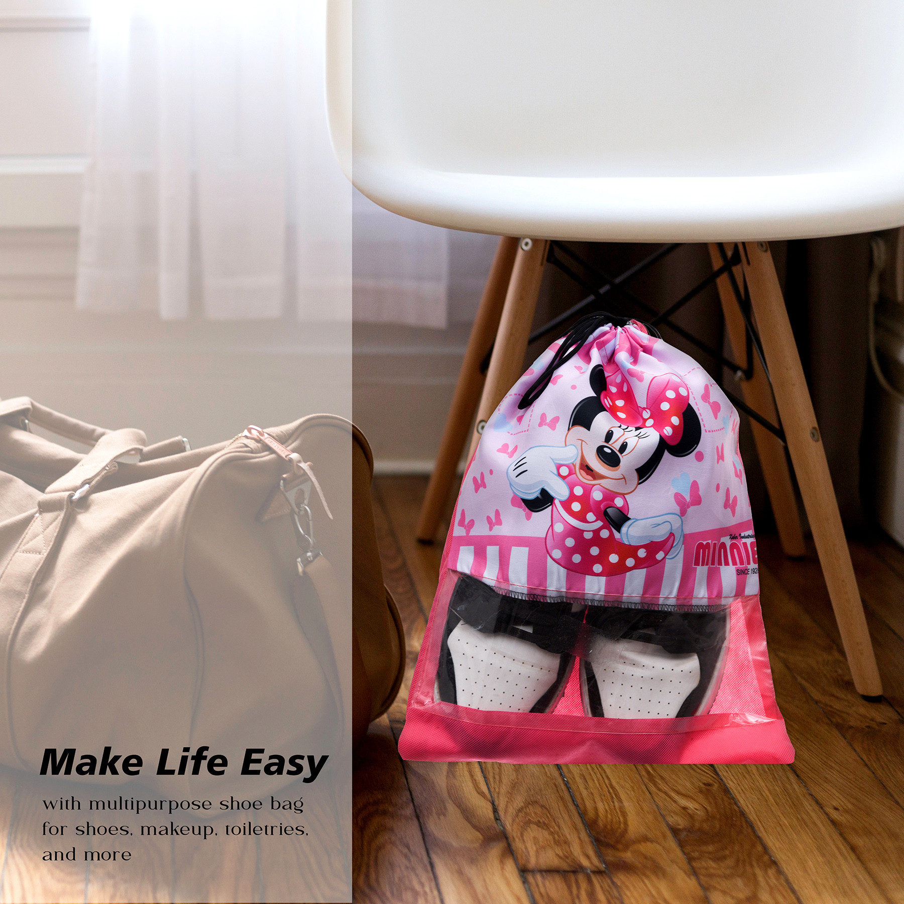 Kuber Industries Disney Minnie Shoe Cover  Travel Shoe Storage Bags  Polyester Storage Bag  Drawstring Shoe Cover  Shoe Organizer with Clear window  Pack of 6  Pink