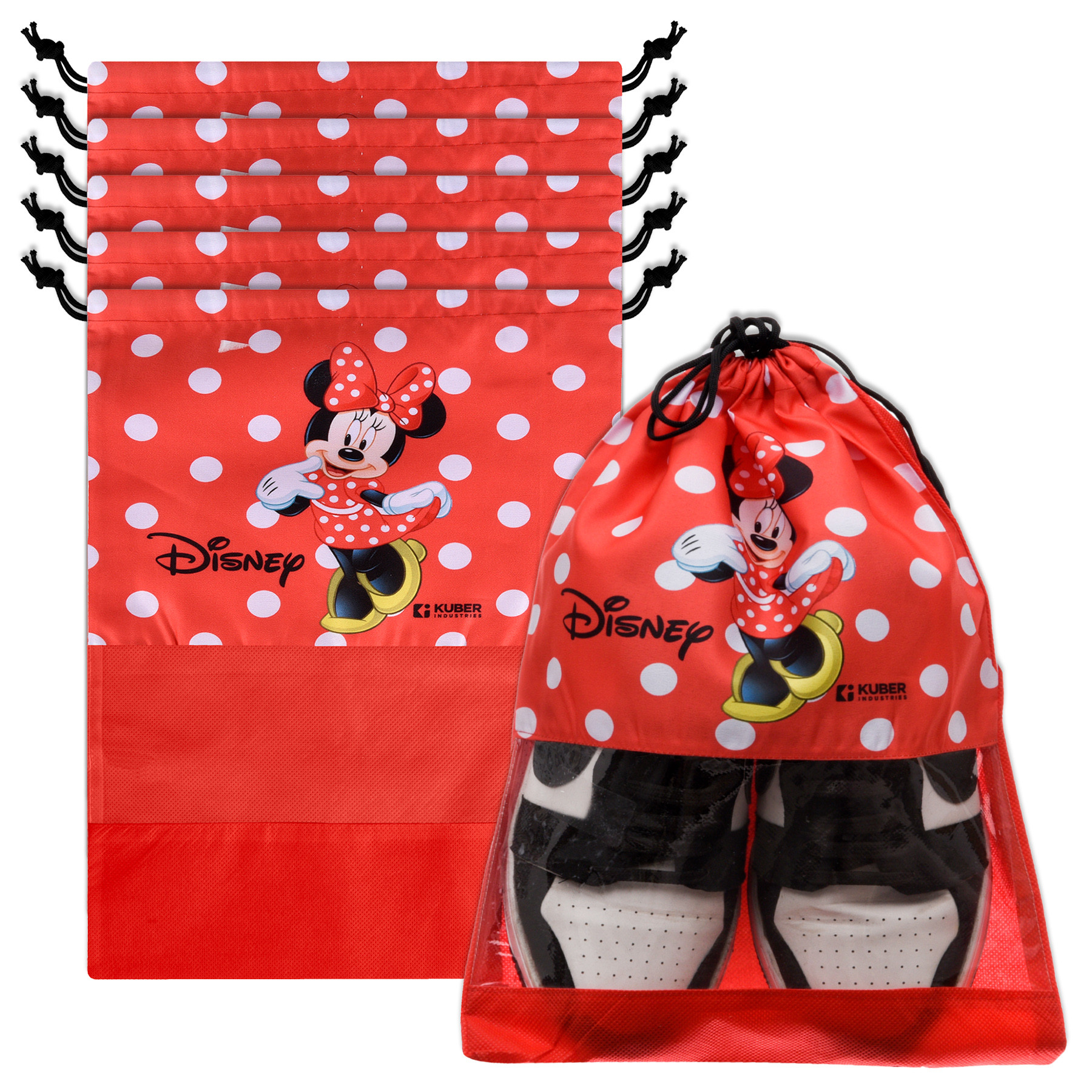 Kuber Industries Disney Minnie Shoe Cover | Travel Shoe Storage Bags | Polyester Storage Bag | Drawstring Shoe Cover | Shoe Organizer with Clear window |Red