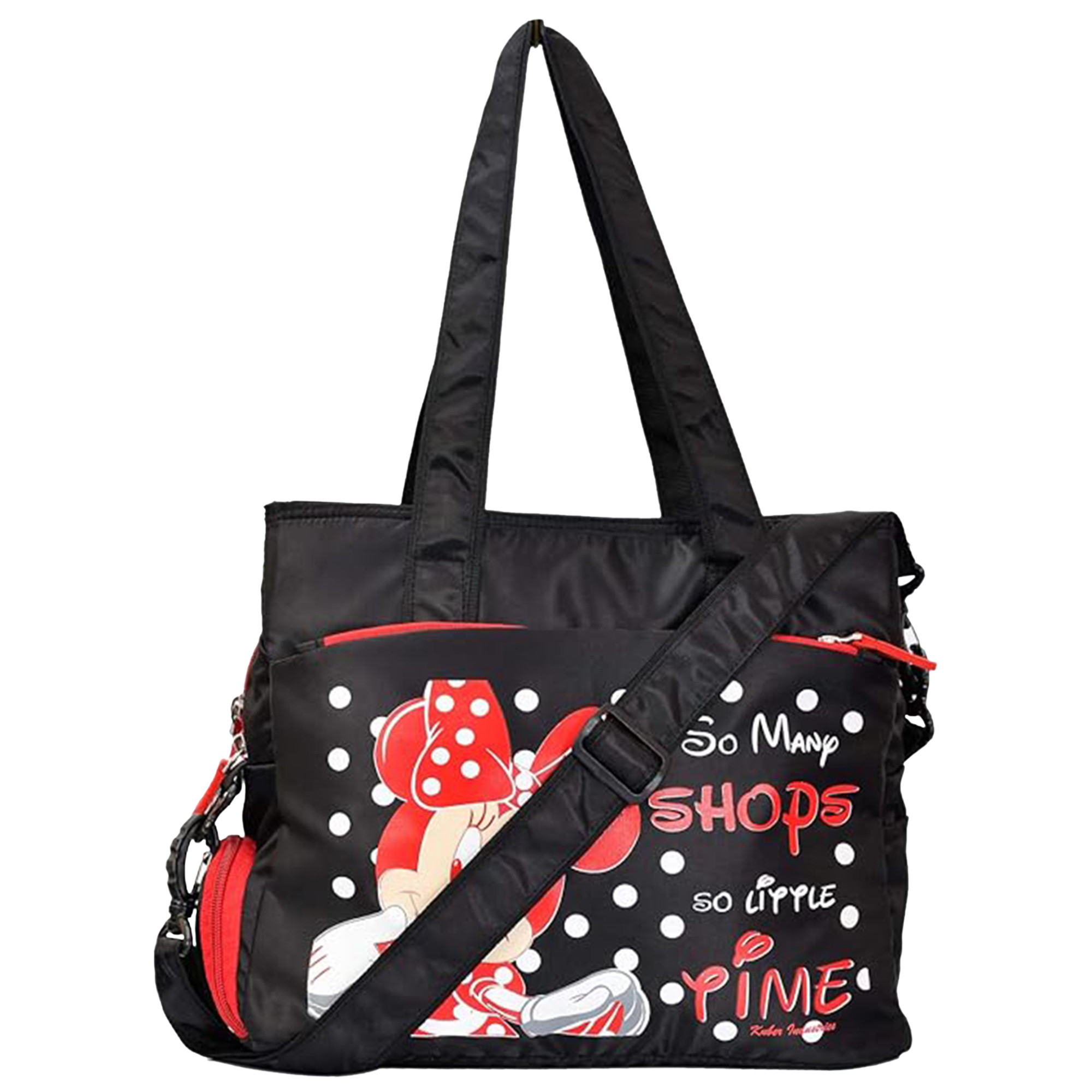 Kuber Industries Disney Minnie Shopping Bag  Grocery Handbag  5 Zipper  1 Bottle Compartment  Shoulder Bag with Adjustable Strap with Handle Black