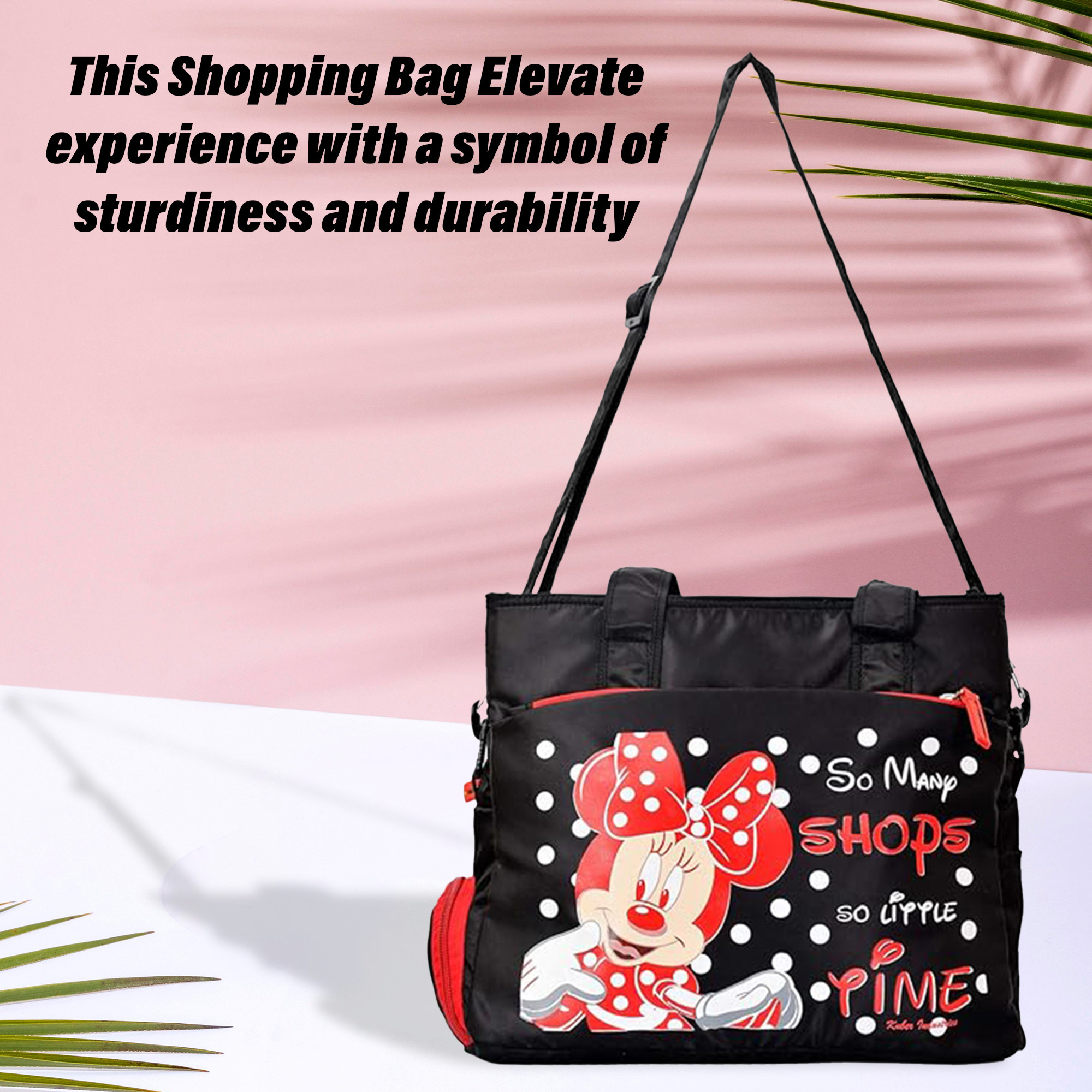 Kuber Industries Disney Minnie Shopping Bag  Grocery Handbag  5 Zipper  1 Bottle Compartment  Shoulder Bag with Adjustable Strap with Handle Black