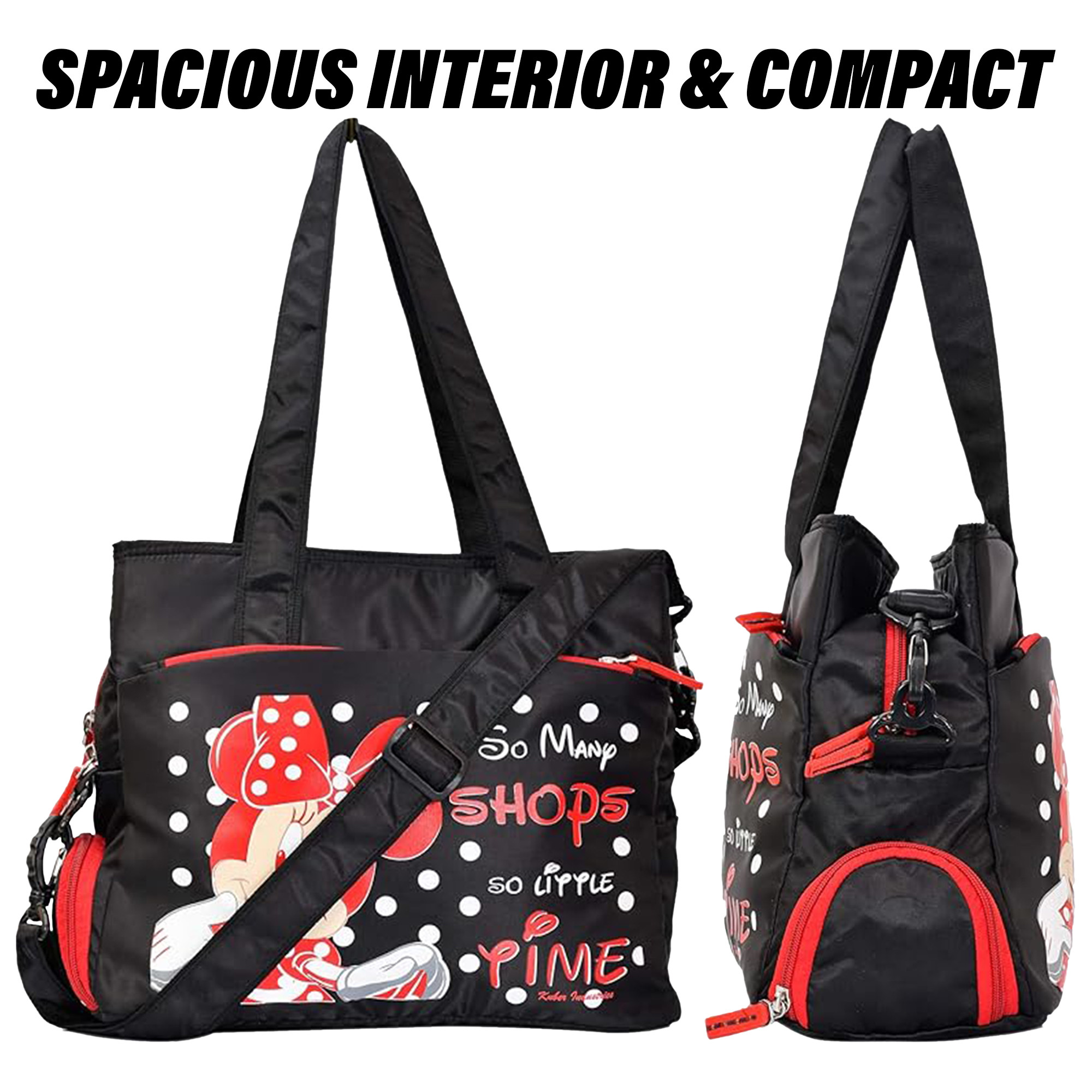 Kuber Industries Disney Minnie Shopping Bag | Grocery Handbag | 5 Zipper & 1 Bottle Compartment | Shoulder Bag with Adjustable Strap with Handle| Black