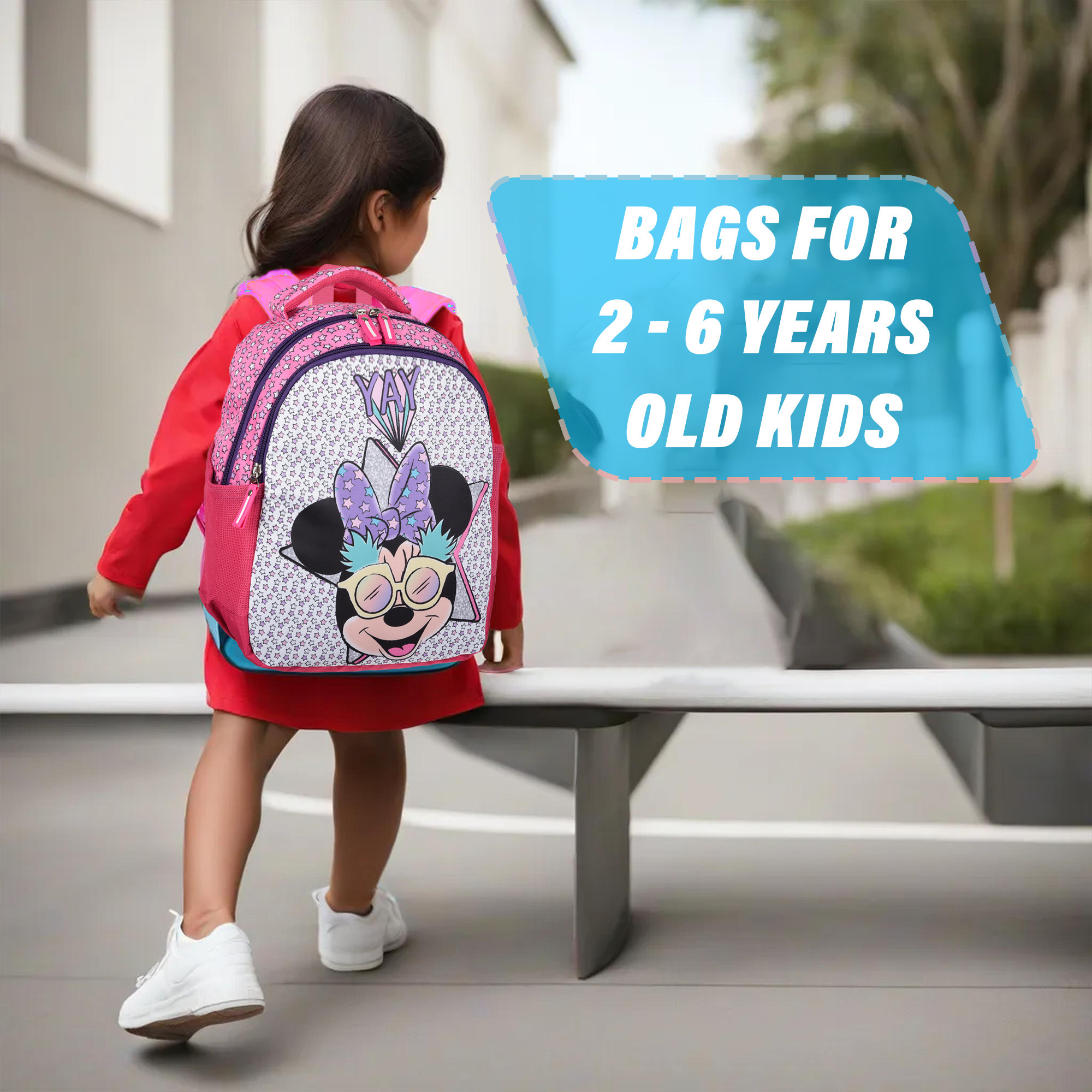 Kuber Industries Disney Minnie Star Backpack  School Backpack for Kids  College Backpack  School Bag for Boys  Girls  3 Compartments School Backpack  Spacious  Multiple Pockets  Pink