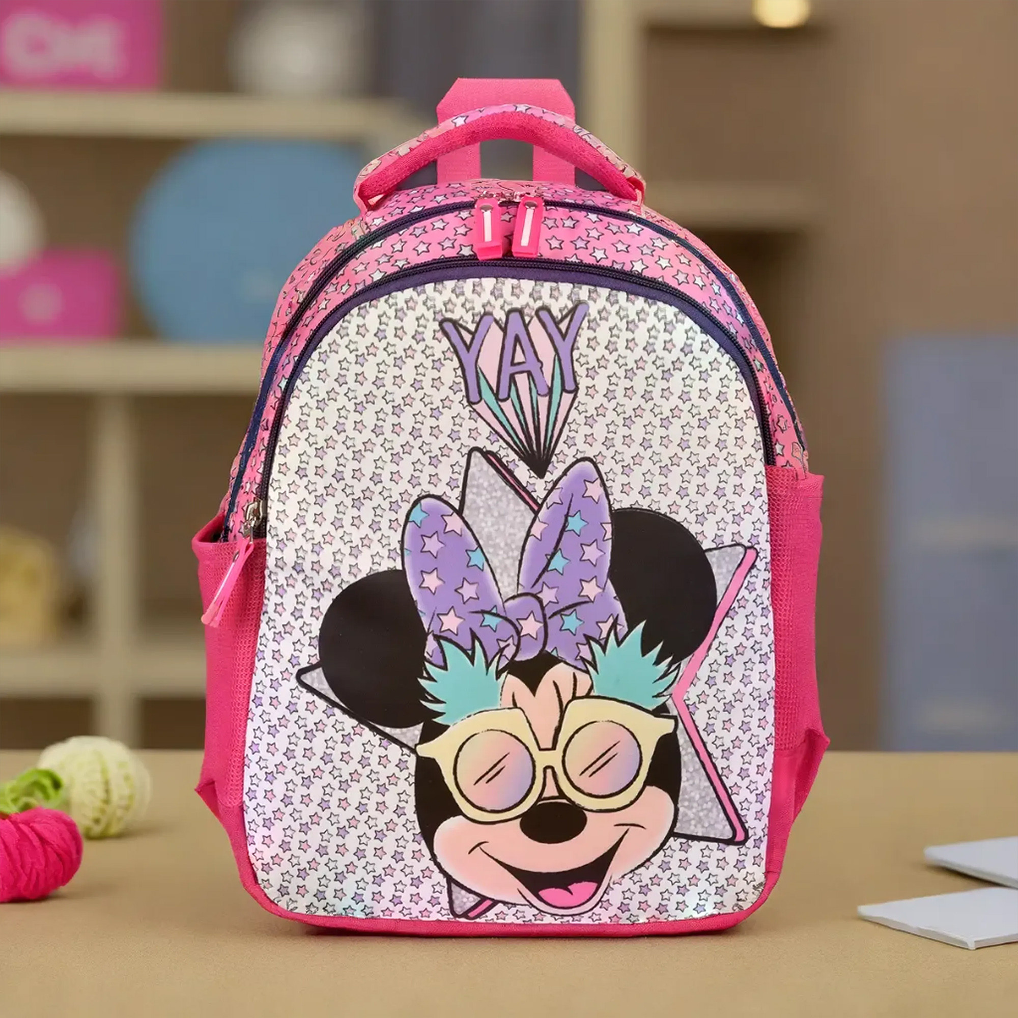 Kuber Industries Disney Minnie Star Backpack  School Backpack for Kids  College Backpack  School Bag for Boys  Girls  3 Compartments School Backpack  Spacious  Multiple Pockets  Pink