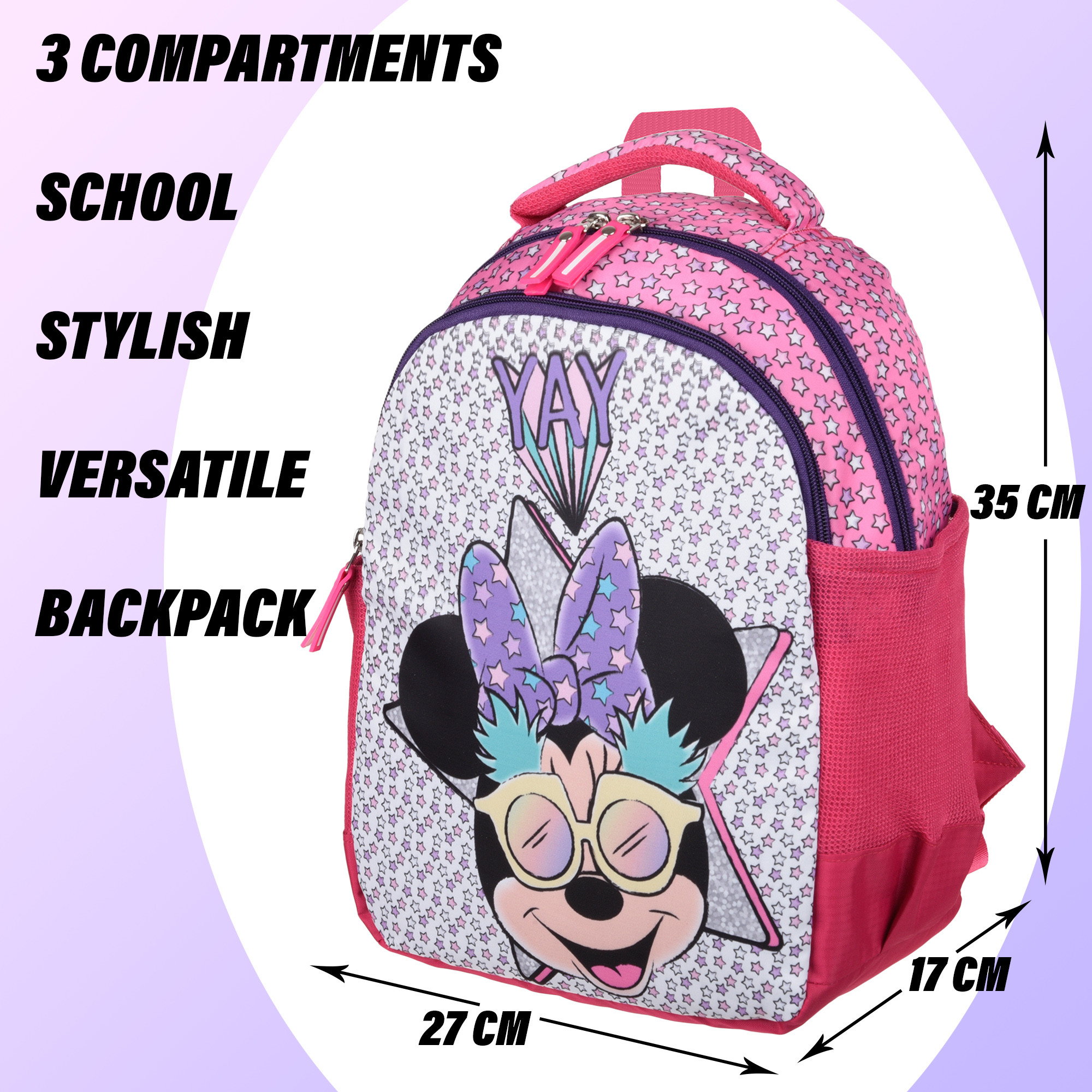 Kuber Industries Disney Minnie Star Backpack | School Backpack for Kids | College Backpack | School Bag for Boys & Girls | 3 Compartments School Backpack | Spacious & Multiple Pockets | Pink