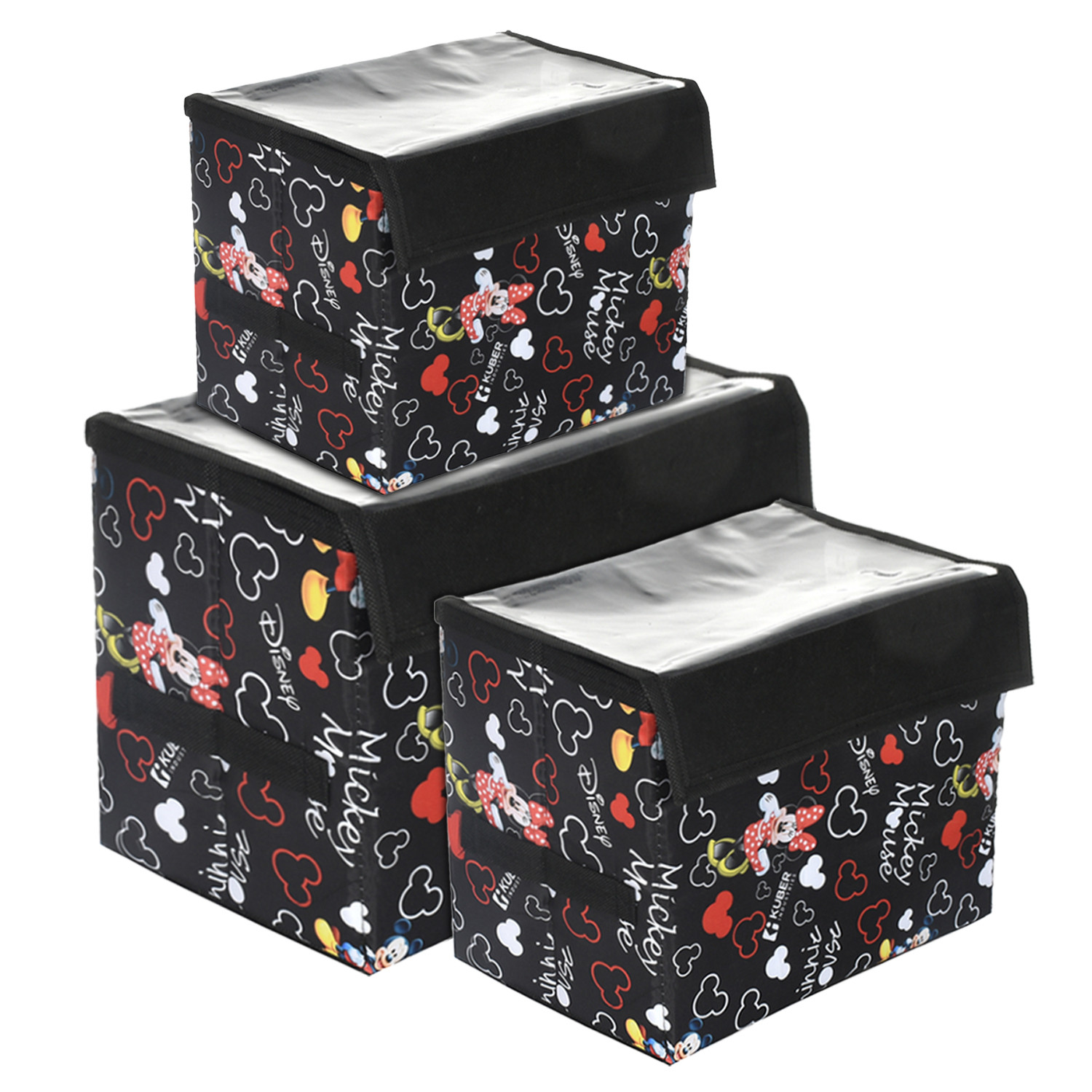 Kuber Industries Disney Minnie Storage Box|Non-Woven Small|Medium|Large Storage Organizer for Toys|Cloths with Transparent Lid & Handle|Pack of 3 (Black)