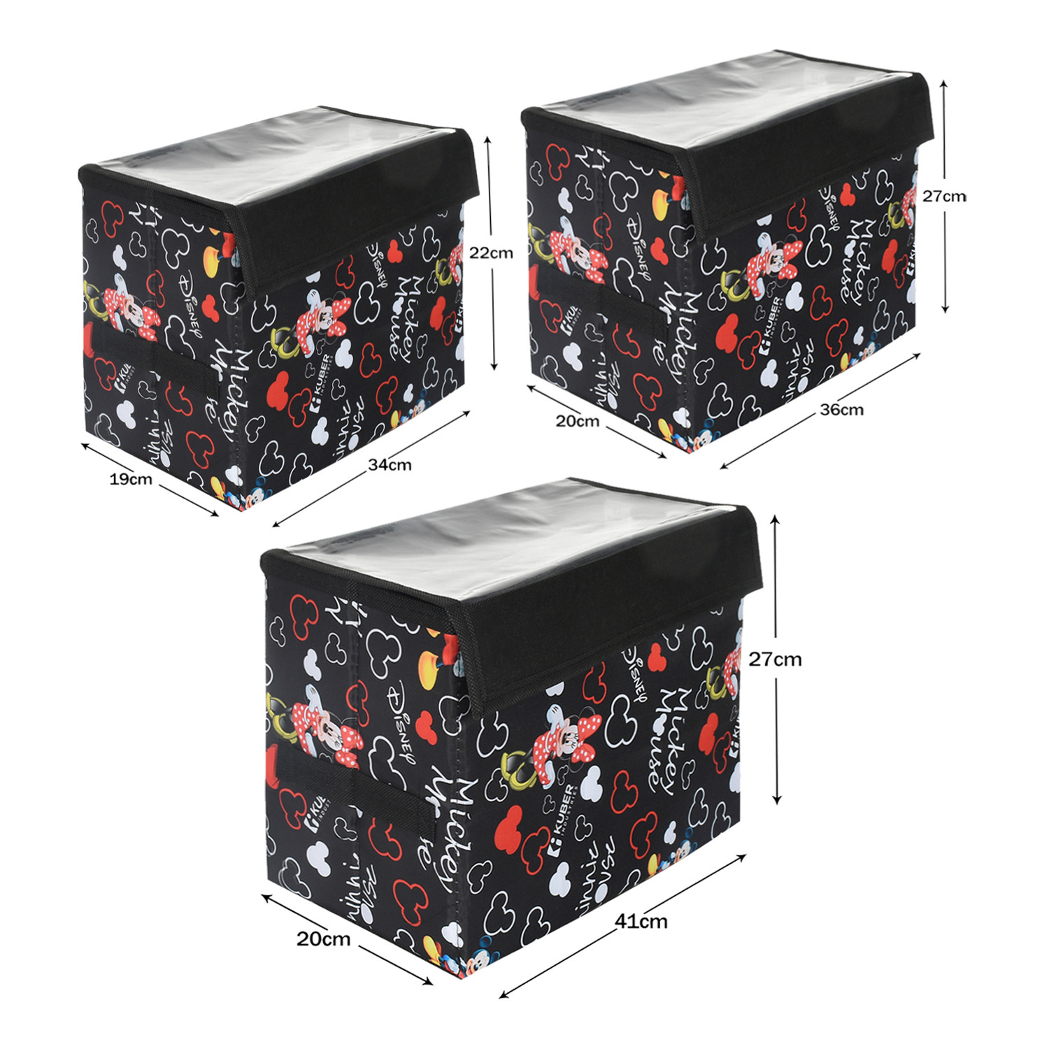 Kuber Industries Disney Minnie Storage Box|Non-Woven Small|Medium|Large Storage Organizer for Toys|Cloths with Transparent Lid & Handle|Pack of 3 (Black)