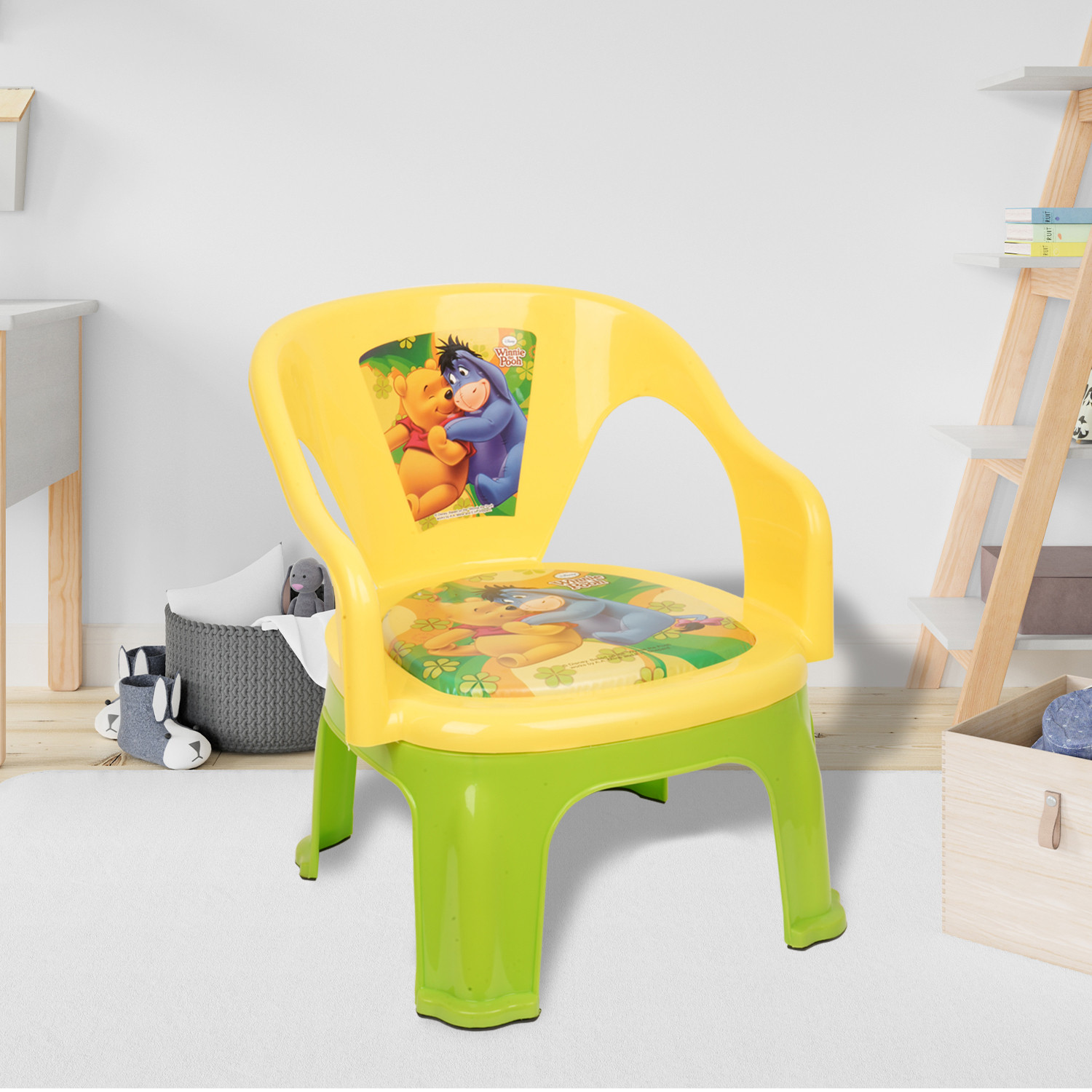 Kuber Industries Disney Pooh Kids Chair  Plastic Foldable Kids Chair  Chair for Kidsroom  School Study Stool  Baby Stool  Indoor or Outdoor Stool for Kids  Capacity 30 Kg  Yellow  Green