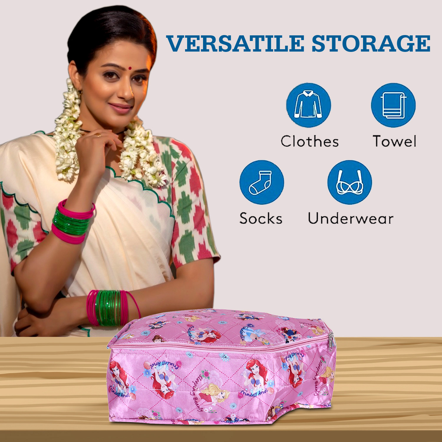 Kuber Industries Disney Princess Blouse Cover  Satin Digital Blouse Cover  Cloth Organizer for woman  Clothes Storage Bag  Double Zip wardrobe organizers  Pink