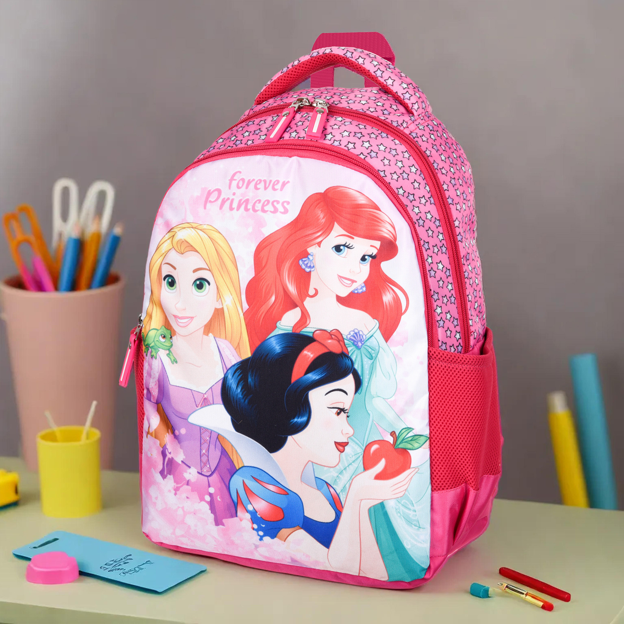 Kuber Industries Disney Princess Forever Backpack  School Backpack for Kids  College Backpack  School Bag for Boys  Girls  3 Compartments School Bag  Spacious  Multiple Pockets  Pink