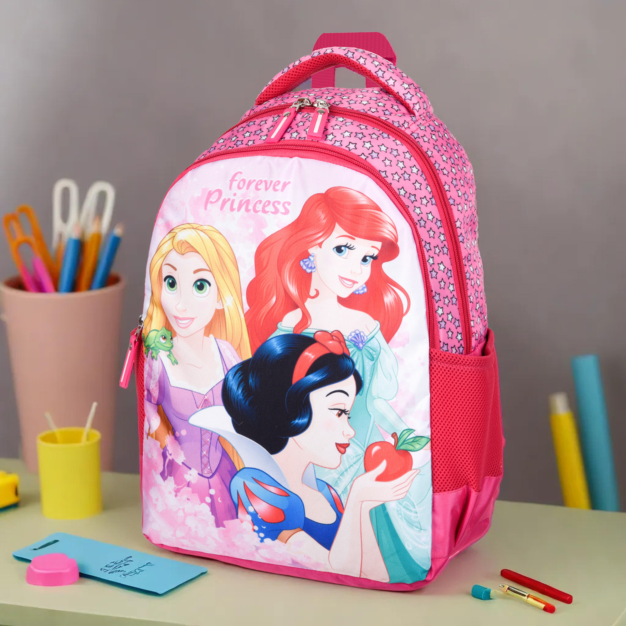 Kuber Industries Disney Princess Forever Backpack | School Backpack for Kids | College Backpack | School Bag for Boys & Girls | 3 Compartments School Bag | Spacious & Multiple Pockets | Pink