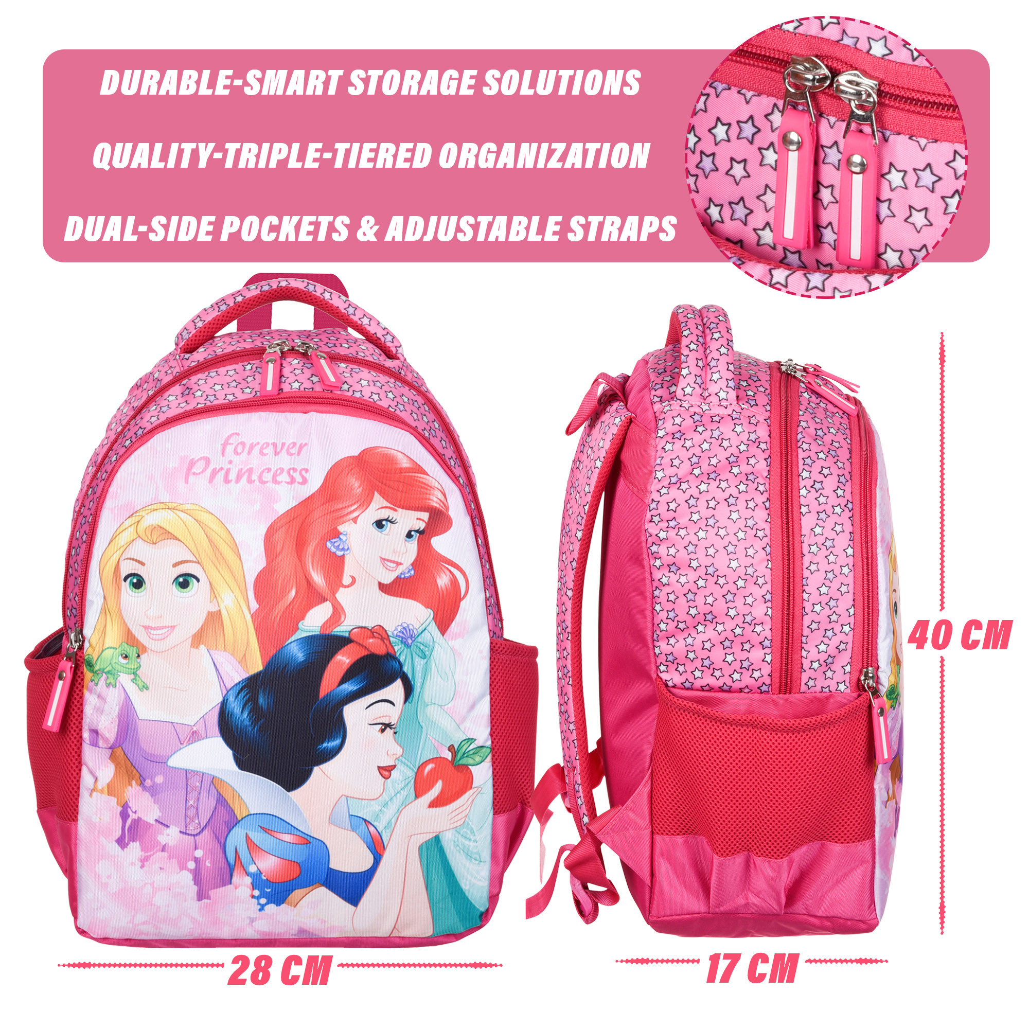 Kuber Industries Disney Princess Forever Backpack | School Backpack for Kids | College Backpack | School Bag for Boys & Girls | 3 Compartments School Bag | Spacious & Multiple Pockets | Pink
