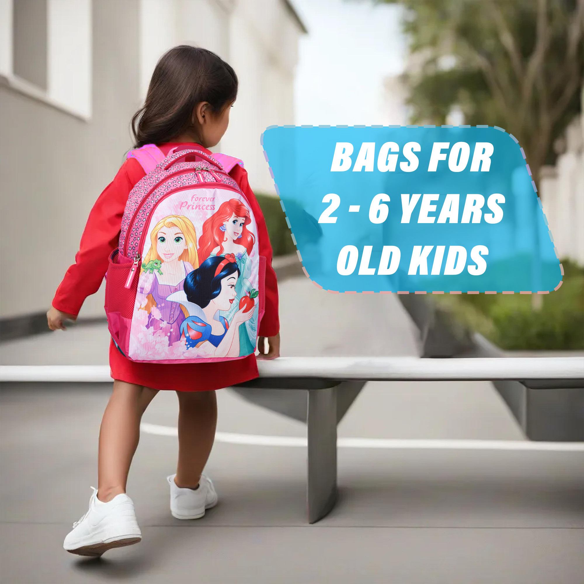 Kuber Industries Disney Princess Forever Backpack | School Backpack for Kids | College Backpack | School Bag for Boys & Girls | 3 Compartments School Bag | Spacious & Multiple Pockets | Pink
