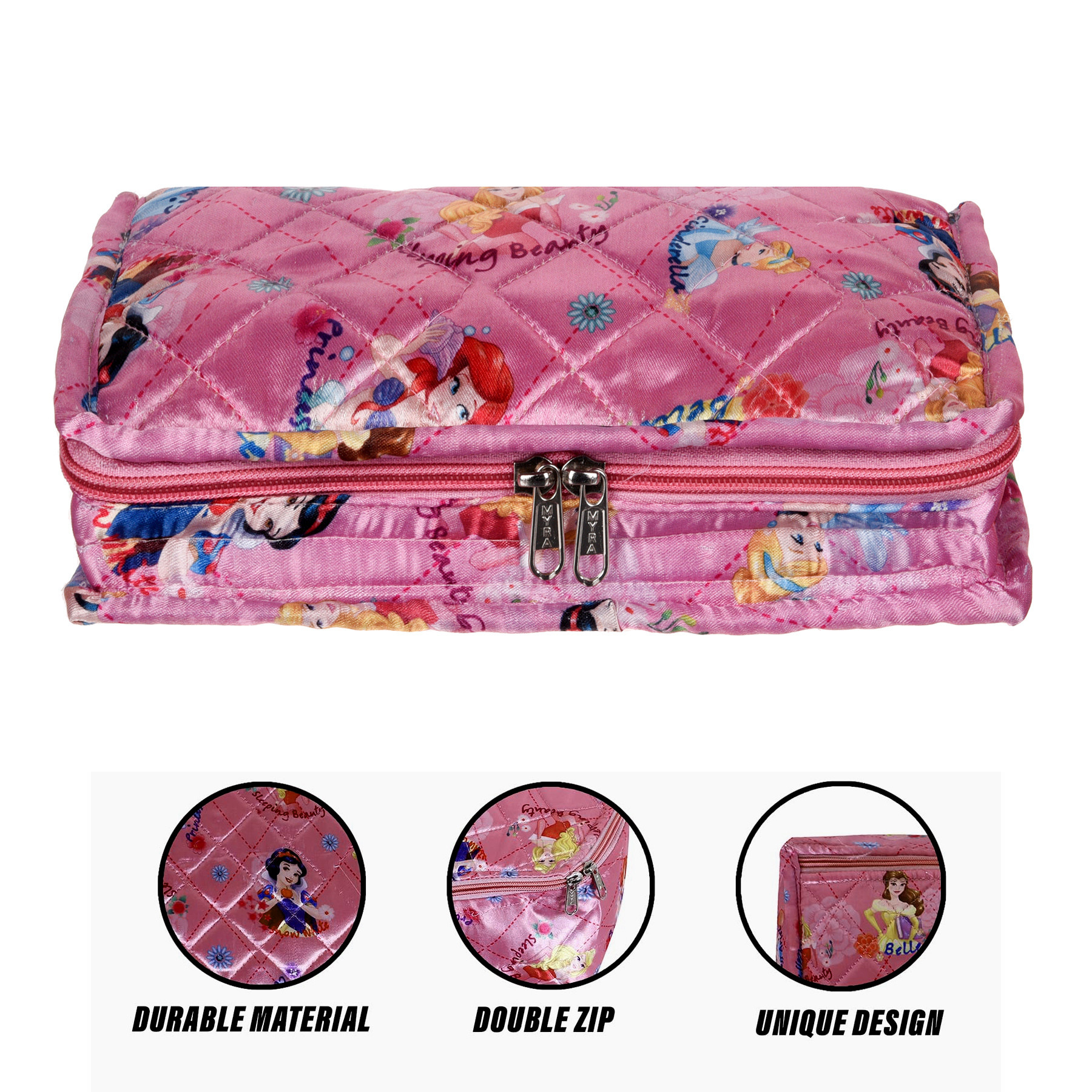 Kuber Industries Disney Princess Jewellery Kit  Satin Digital Jewellery Kit  6 Flappable Pouches  1 Extra Compartment  Cosmetic Kit for Necklace  Bracelet  Pink