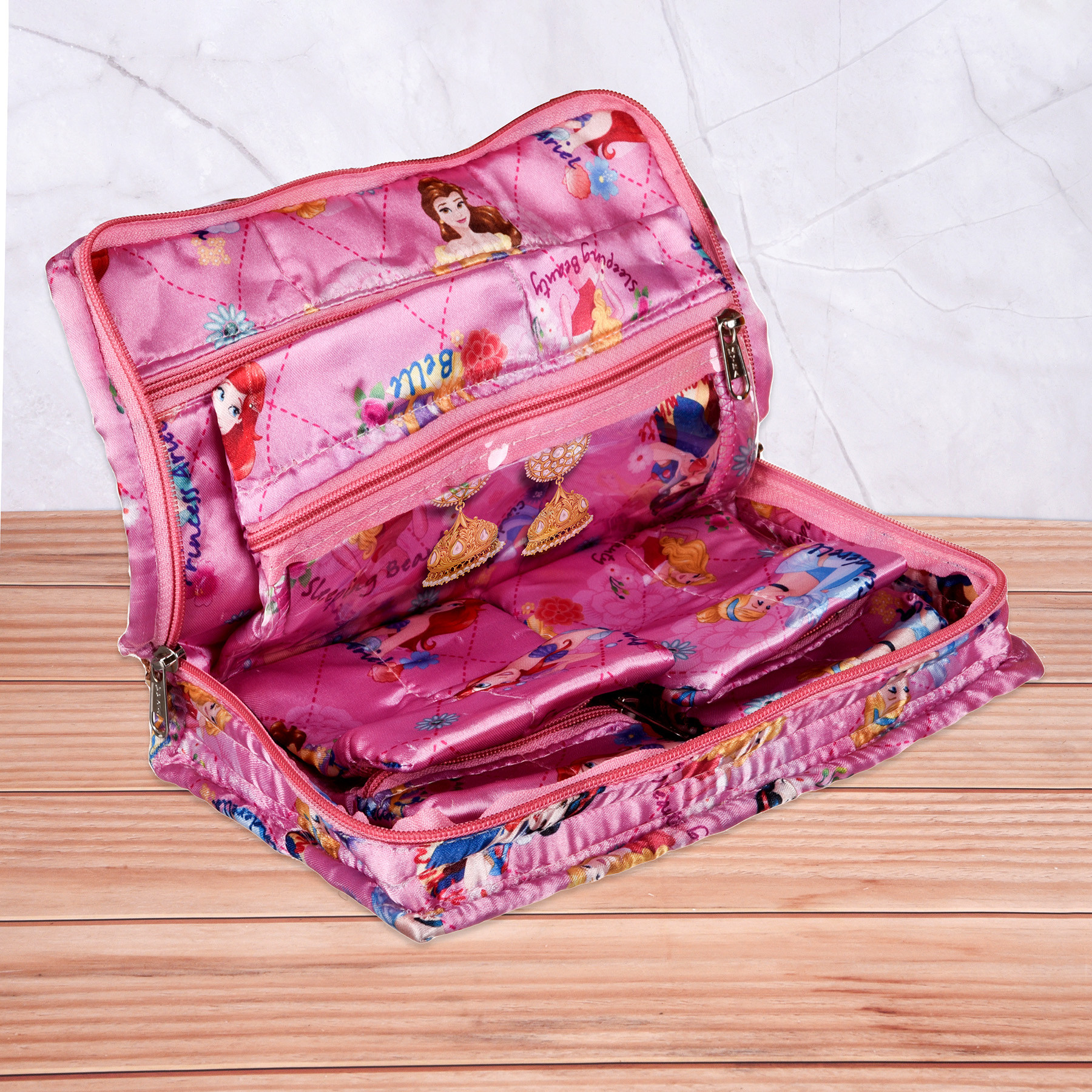 Kuber Industries Disney Princess Jewellery Kit  Satin Digital Jewellery Kit  6 Flappable Pouches  1 Extra Compartment  Cosmetic Kit for Necklace  Bracelet  Pink