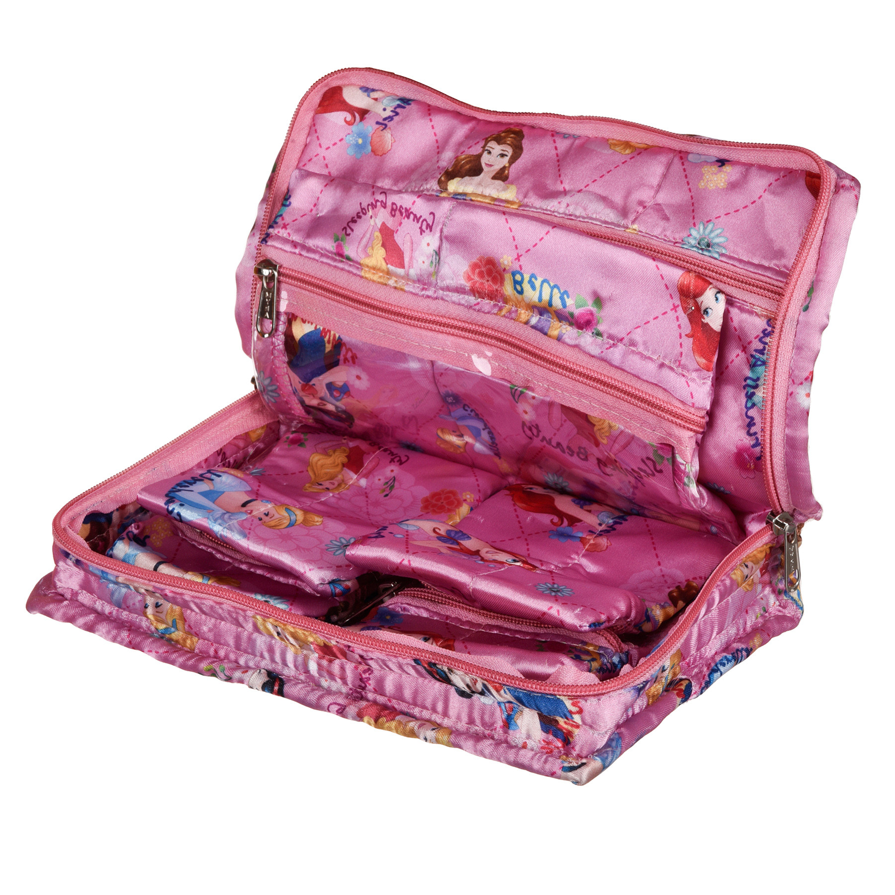 Kuber Industries Disney Princess Jewellery Kit  Satin Digital Jewellery Kit  6 Flappable Pouches  1 Extra Compartment  Cosmetic Kit for Necklace  Bracelet  Pink