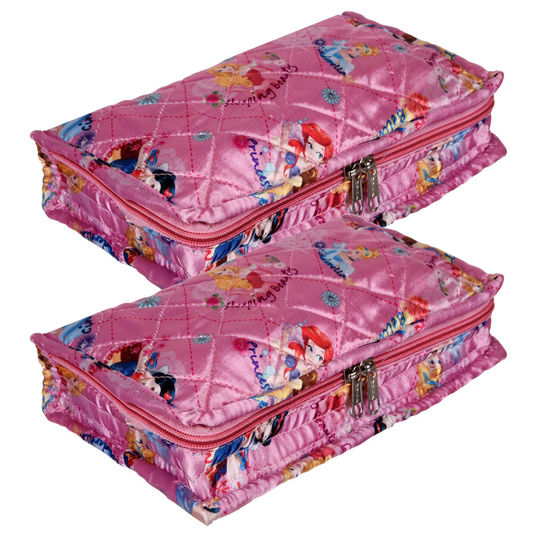 Kuber Industries Disney Princess Jewellery Kit | Satin Digital Jewellery Kit | 6 Flappable Pouches & 1 Extra Compartment | Cosmetic Kit for Necklace | Bracelet | Pink