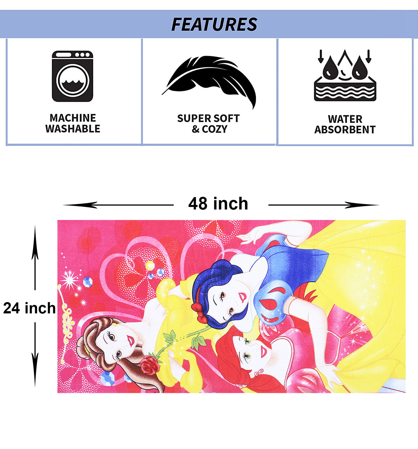 Kuber Industries Disney Princess Kids Bath Towel|Soft Cotton Towel For Kids|Sides Stitched Baby Towel|400 GSM Toddler Bath Towel|24x48 Inch (Pink)