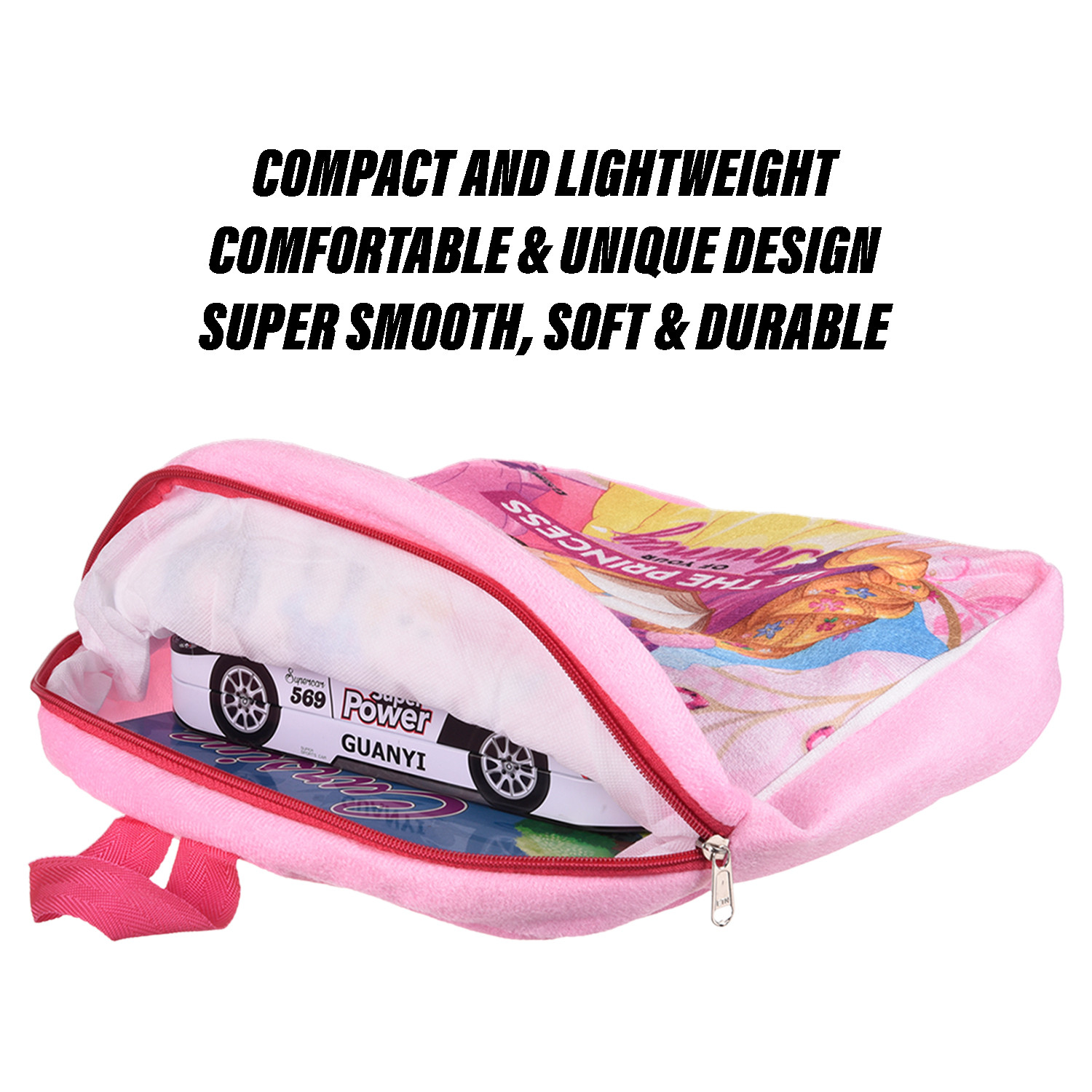 Kuber Industries Disney Princess Kids School Bag | School Bag For Boys | School Bag For Girls | 1 Compartment Velvet Bagpack for Kids Travel | School | Pink