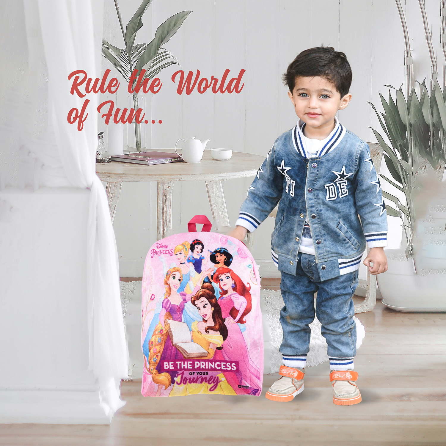 Kuber Industries Disney Princess Kids School Bag | School Bag For Boys | School Bag For Girls | 1 Compartment Velvet Bagpack for Kids Travel | School | Pink