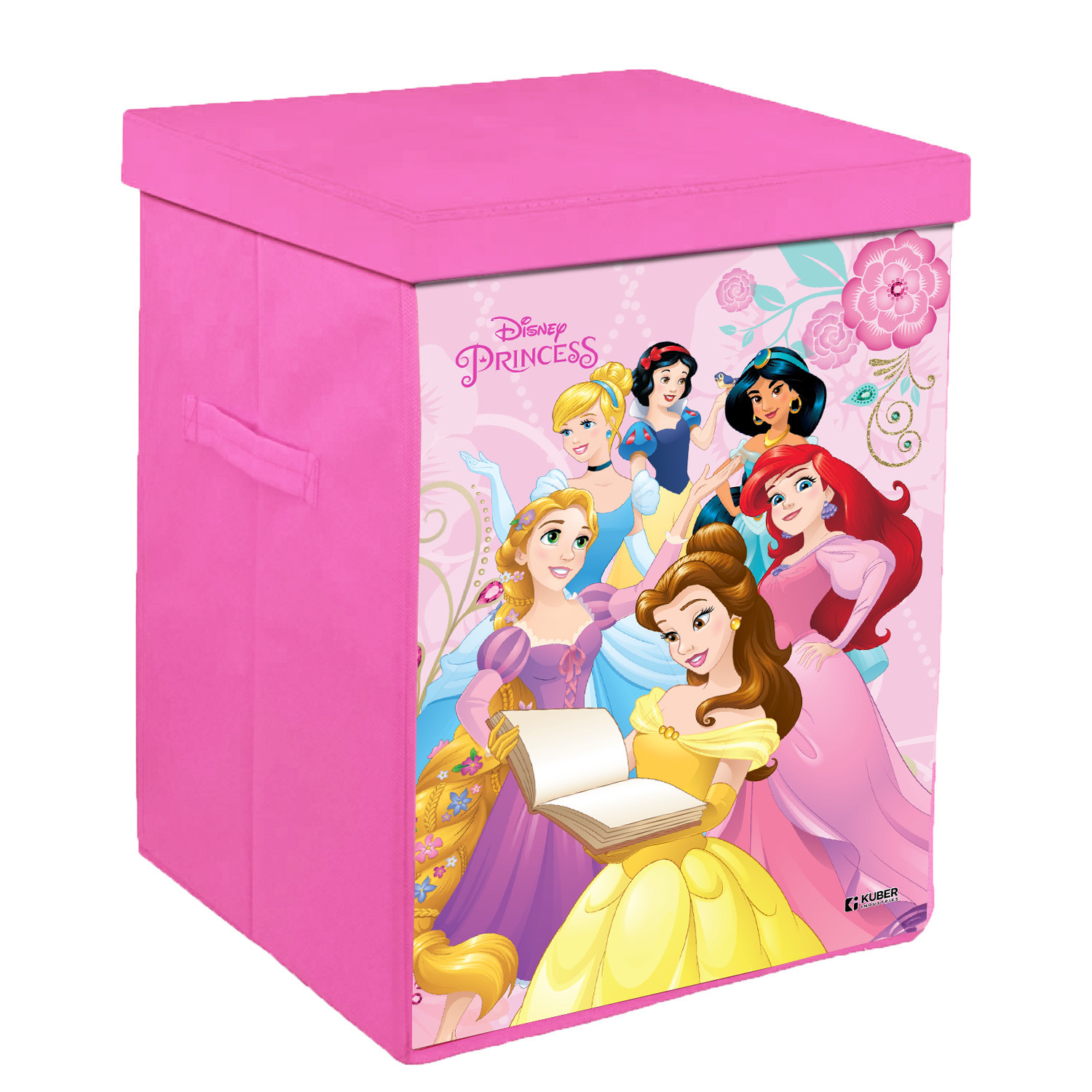 Kuber Industries Disney Princess Print Laundry Basket|Foldable Clothes Hamper|Storage Basket For Toys,Books With Handle & Lid,60 Ltr.(Pink)