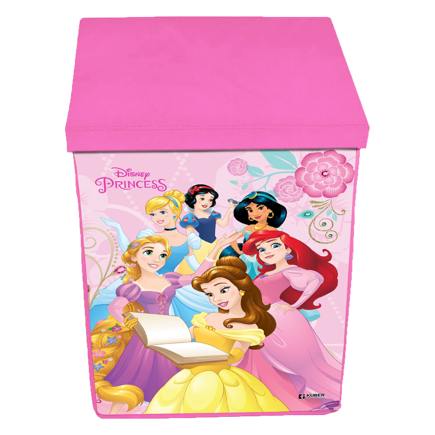 Kuber Industries Disney Princess Print Laundry Basket|Foldable Clothes Hamper|Storage Basket For Toys,Books With Handle & Lid,60 Ltr.(Pink)