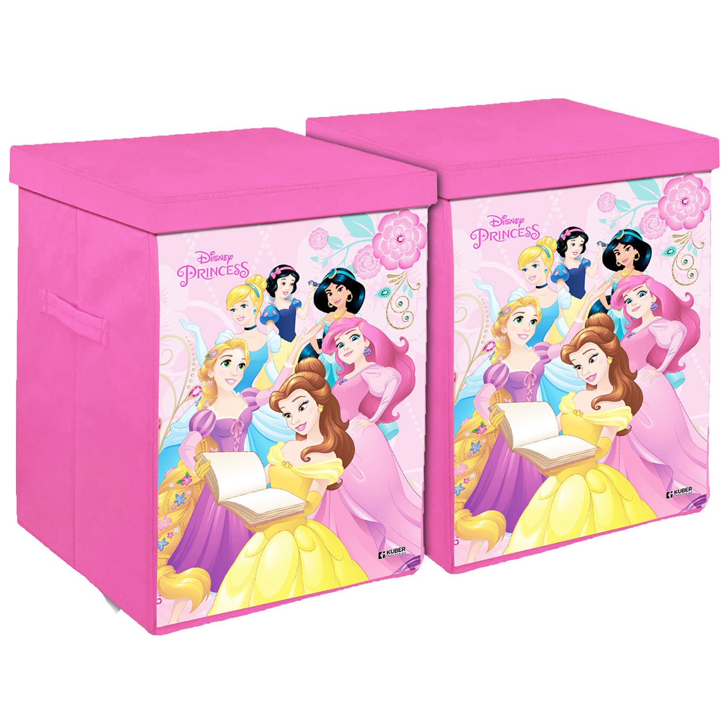 Kuber Industries Disney Princess Print Laundry Basket|Foldable Clothes Hamper|Storage Basket For Toys,Books With Handle & Lid,60 Ltr.(Pink)