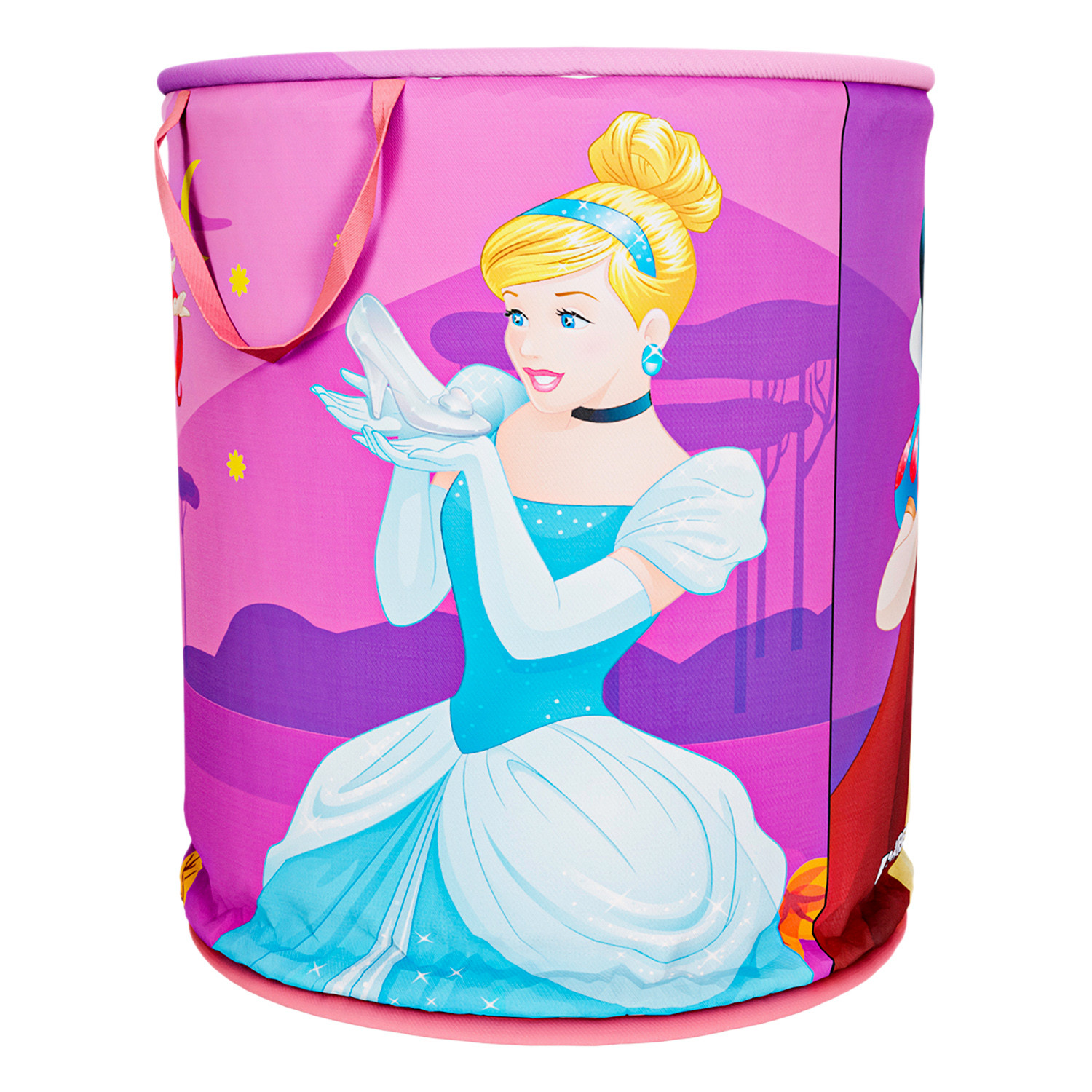 Kuber Industries Disney Princess Print Round Laundry Basket|Polyester Clothes Hamper|Waterproof & Foldable Round Laundry Bag with Handle,45 Ltr.(Pink)