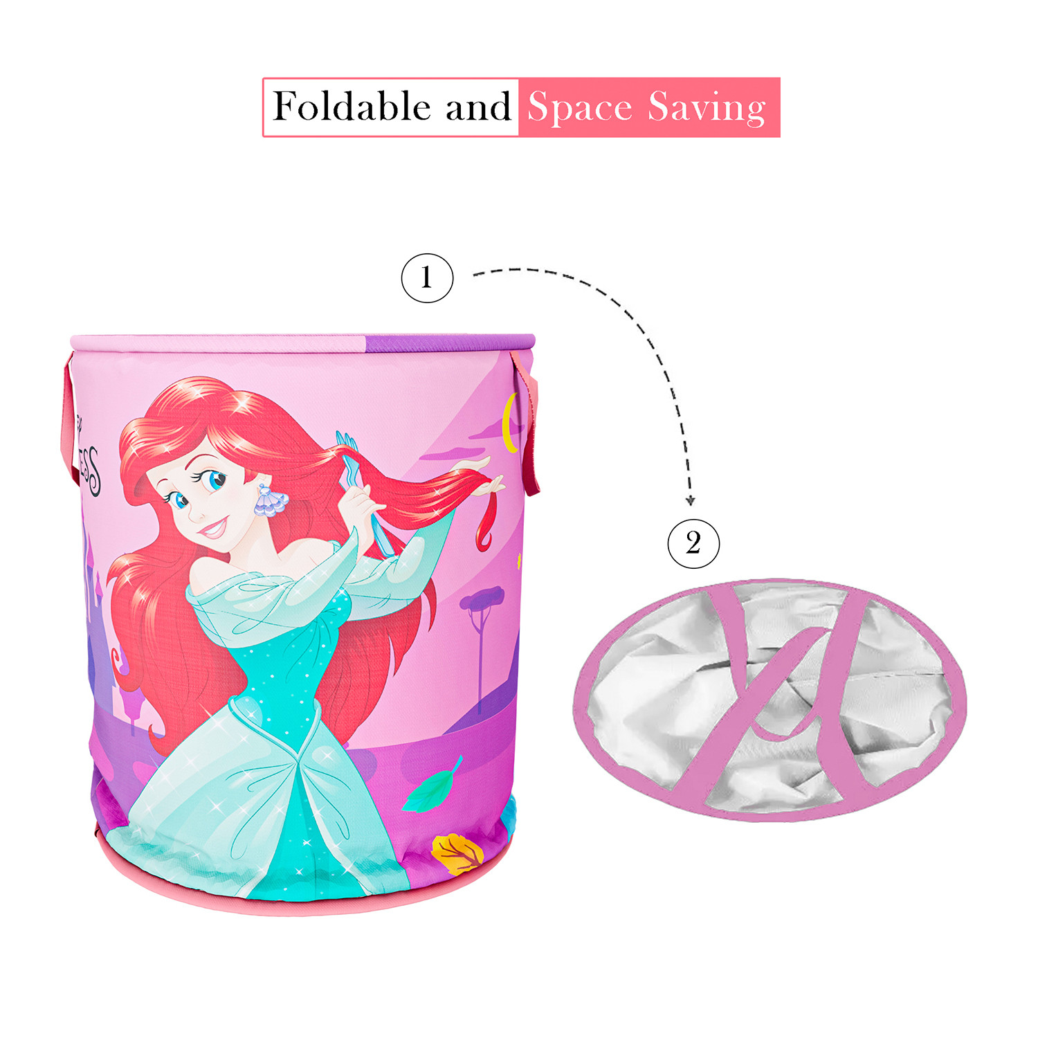 Kuber Industries Disney Princess Print Round Laundry Basket|Polyester Clothes Hamper|Waterproof & Foldable Round Laundry Bag with Handle,45 Ltr.(Pink)