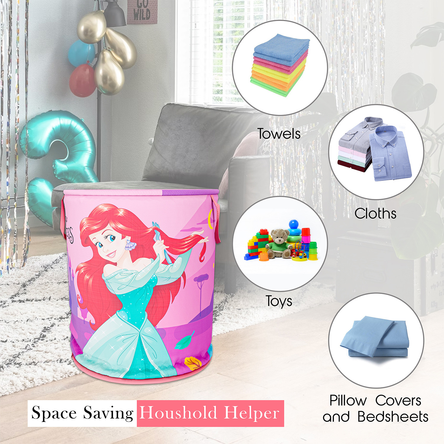 Kuber Industries Disney Princess Print Round Laundry Basket|Polyester Clothes Hamper|Waterproof & Foldable Round Laundry Bag with Handle,45 Ltr.(Pink)