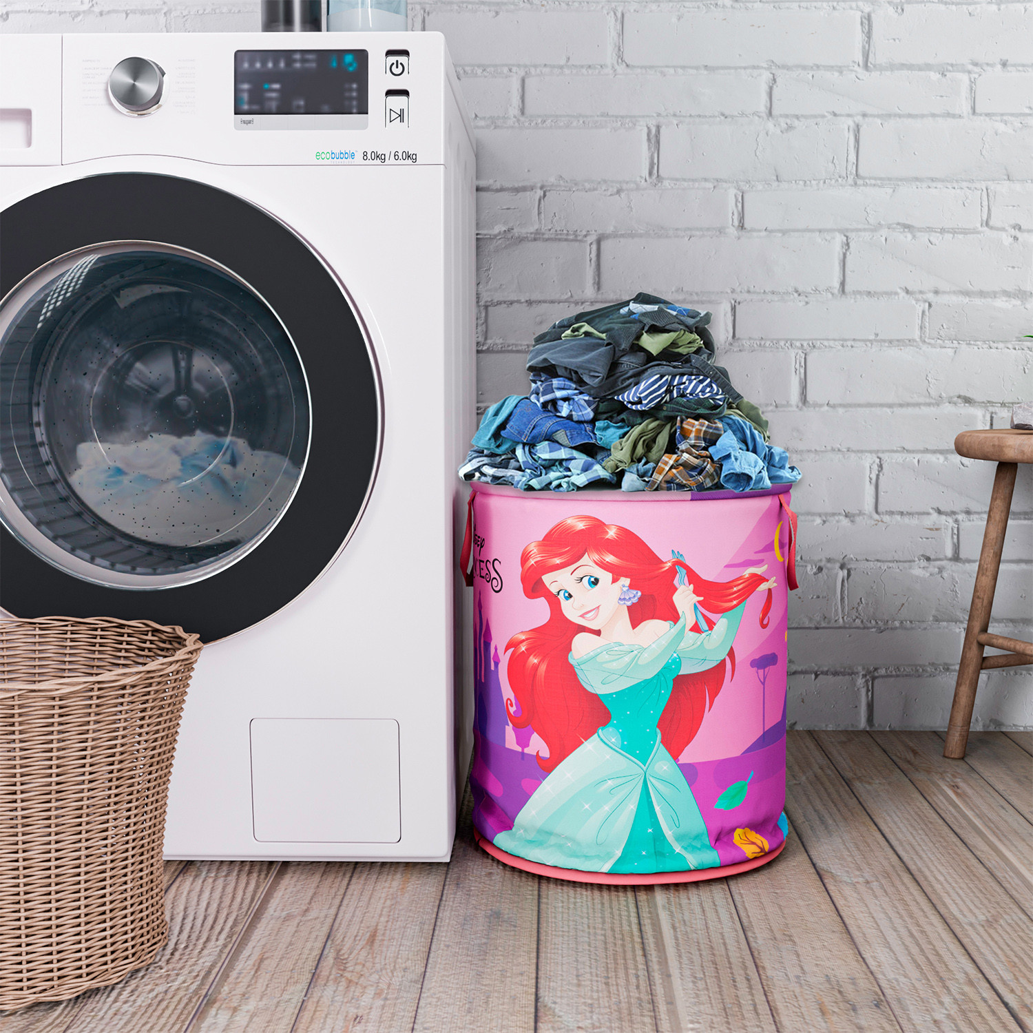 Kuber Industries Disney Princess Print Round Laundry Basket|Polyester Clothes Hamper|Waterproof & Foldable Round Laundry Bag with Handle,45 Ltr.(Pink)