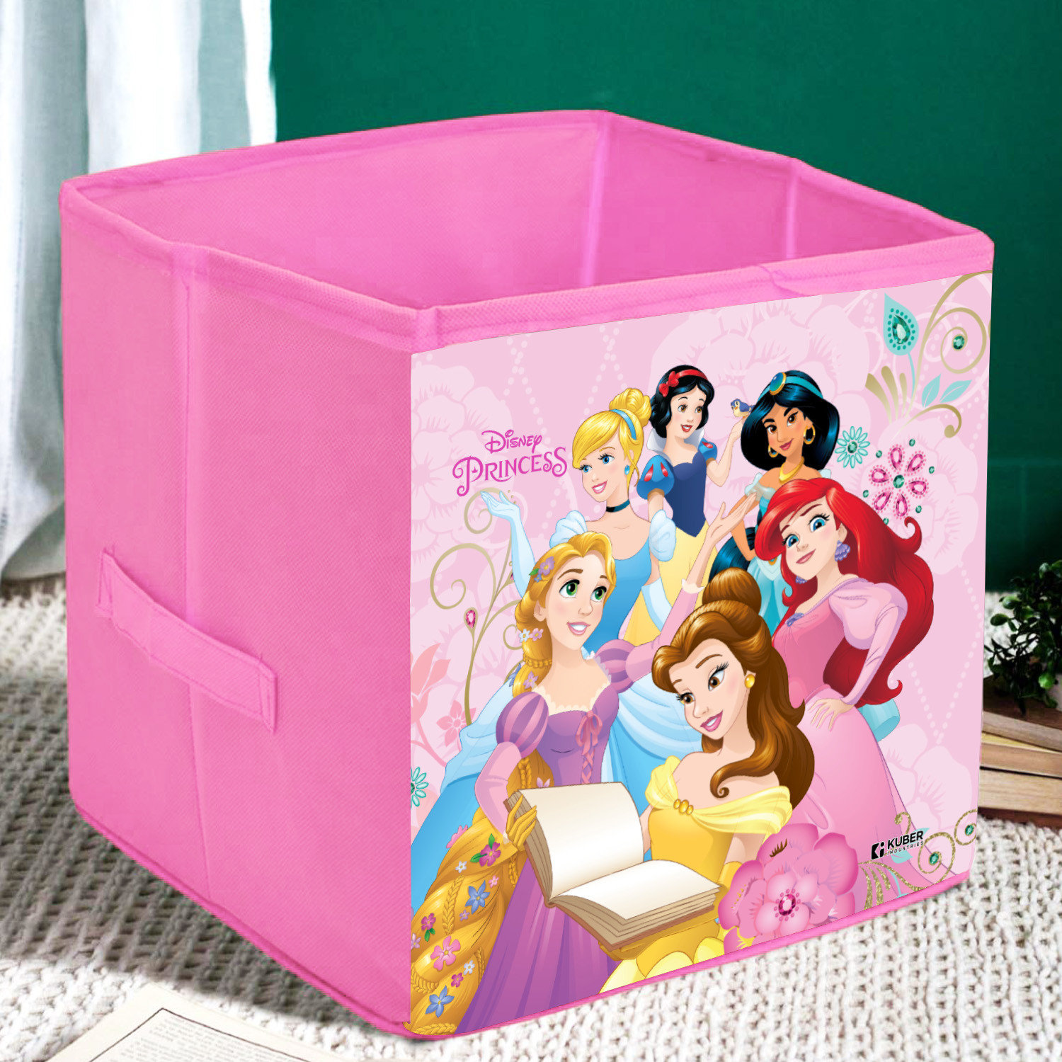 Kuber Industries Disney Princess Print Storage Box|Foldable Clothes Organizer|Collapsible Storage Basket With Handle For Toys,Books,30 Ltr.(Pink)