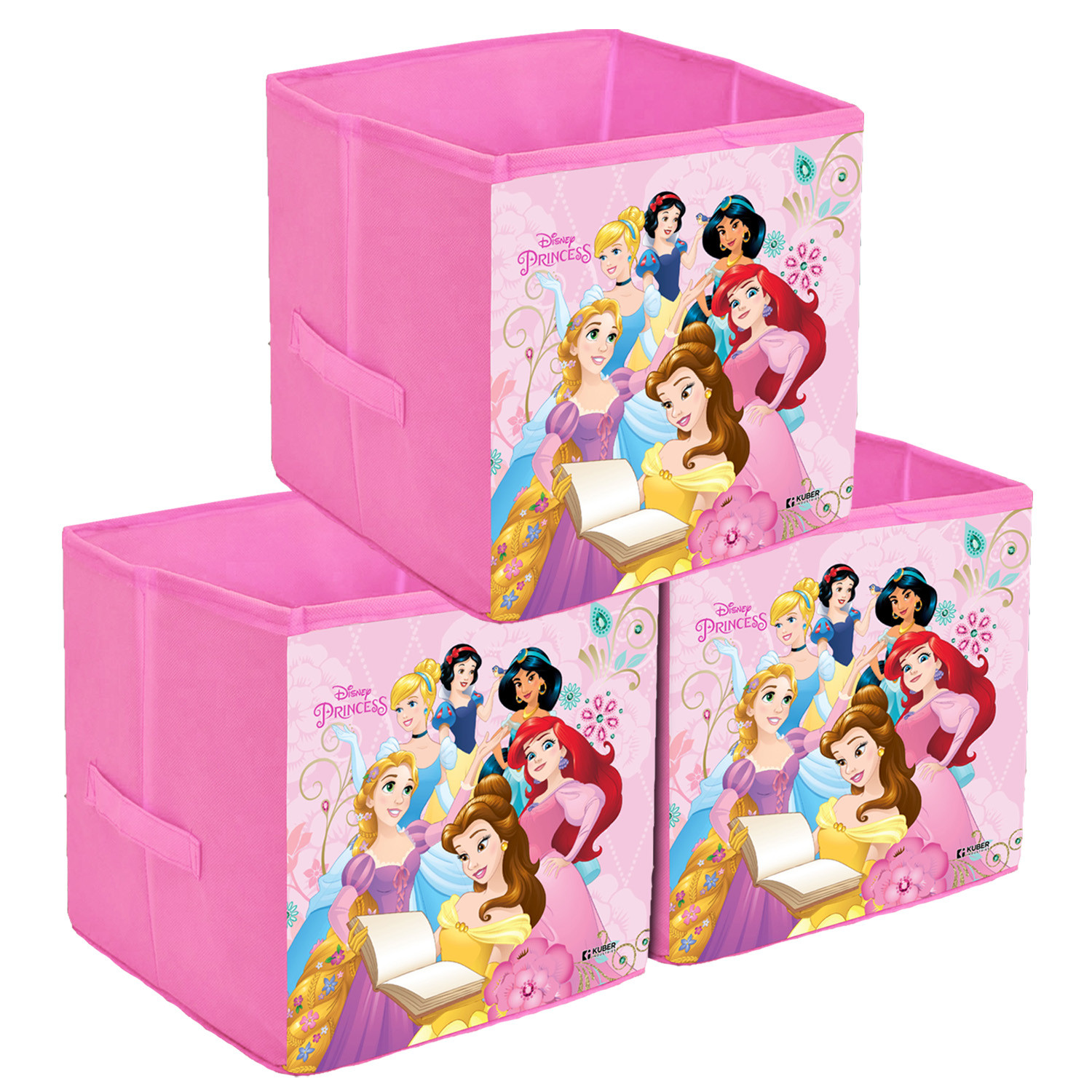 Kuber Industries Disney Princess Print Storage Box|Foldable Clothes Organizer|Collapsible Storage Basket With Handle For Toys,Books,30 Ltr.(Pink)