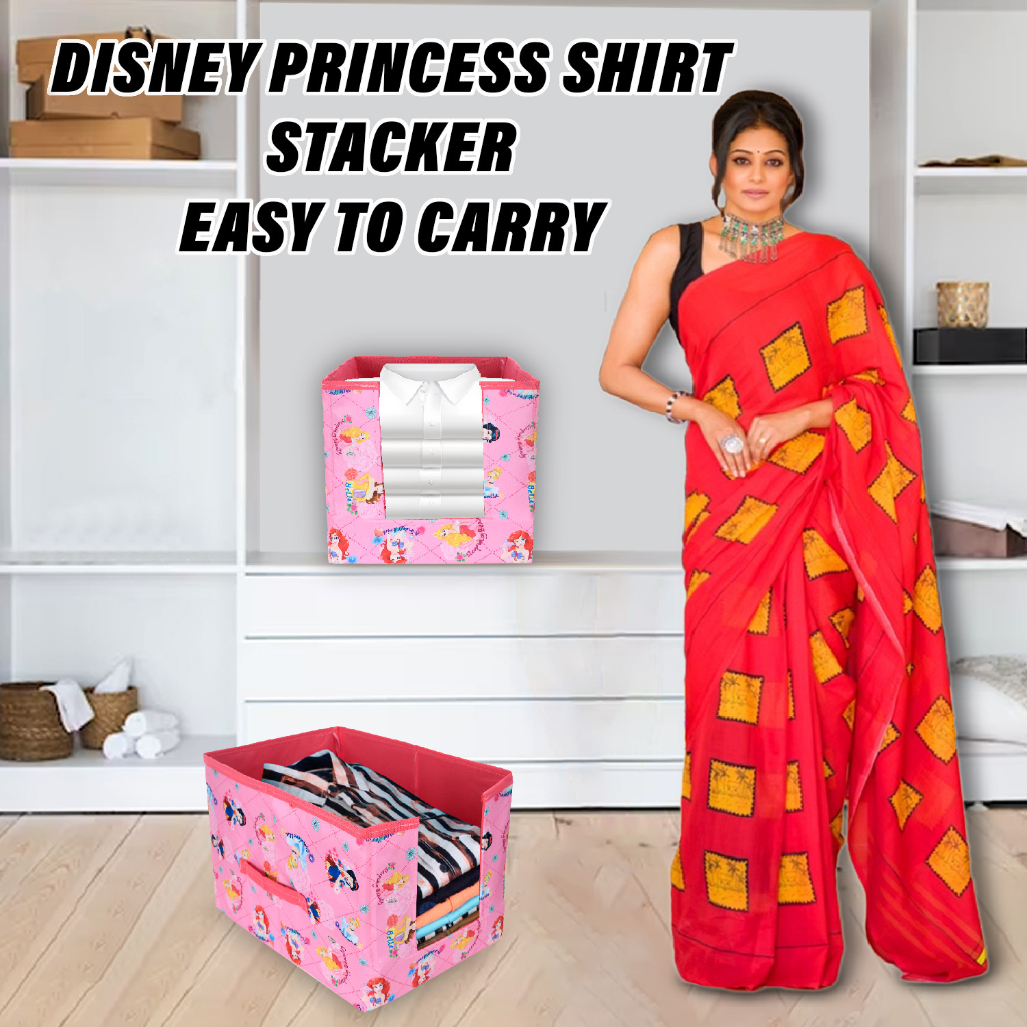 Kuber Industries Disney Princess Shirt Stacker | Non-Woven Wardrobe Organizer | Collapsible Clothes Organizer For Toys | Books With Handle | Pink