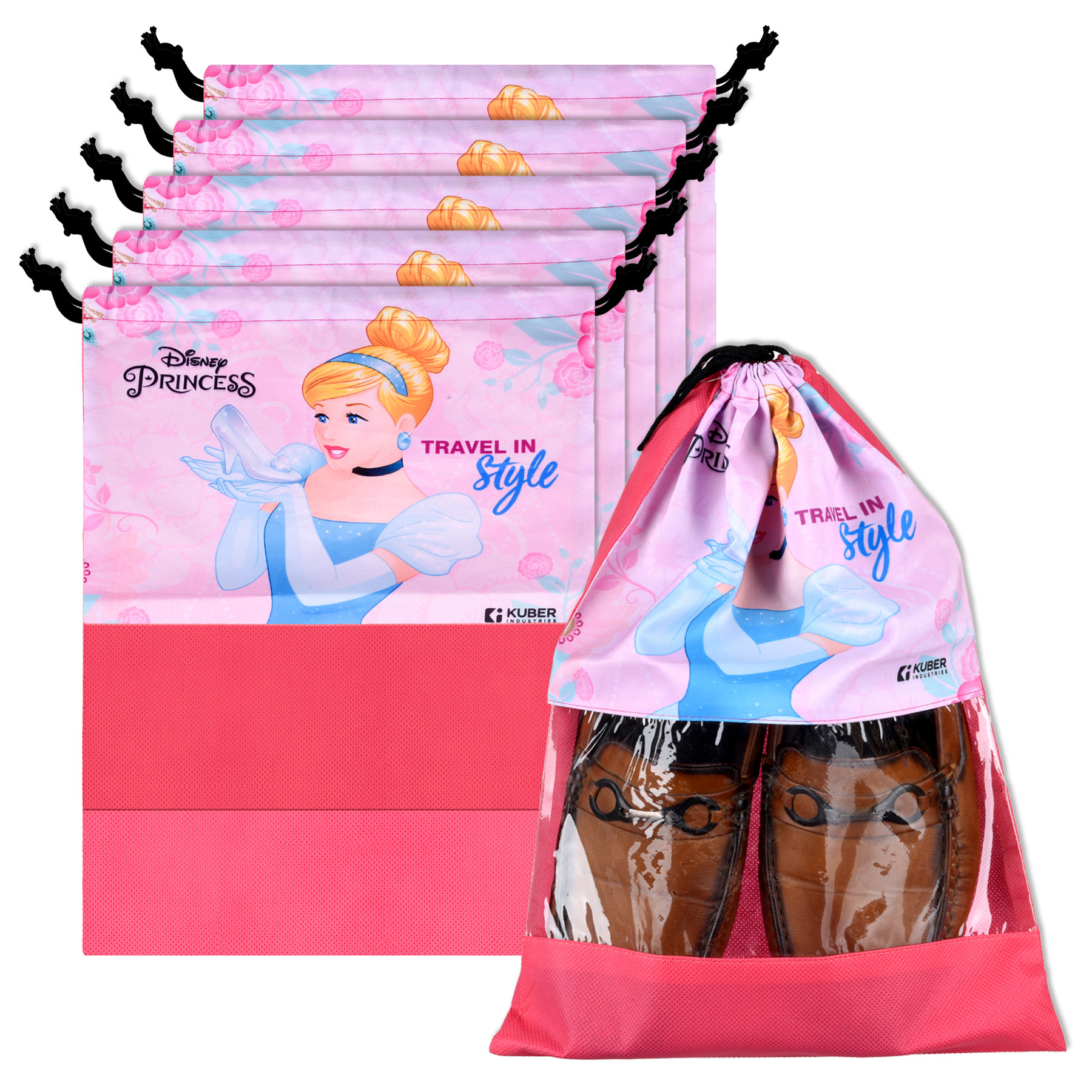 Kuber Industries Disney Princess Shoe Bags | Shoe Bags for Travel | Drawstring Shoe Storage Bags | Storage Organizers Set | Shoe Cover with Transparent Window | Shoe Pouches | Pink