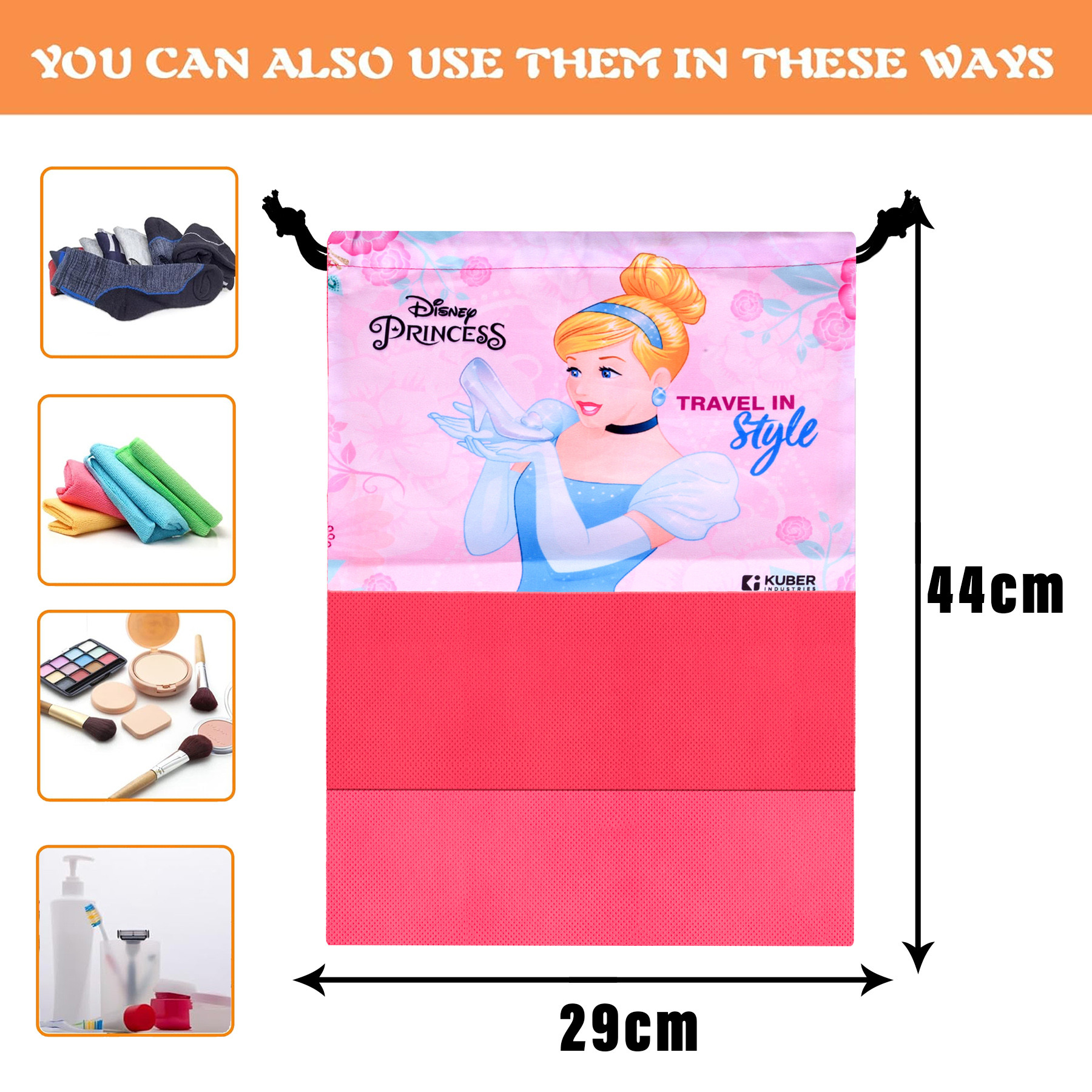 Kuber Industries Disney Princess Shoe Bags | Shoe Bags for Travel | Drawstring Shoe Storage Bags | Storage Organizers Set | Shoe Cover with Transparent Window | Shoe Pouches | Pink