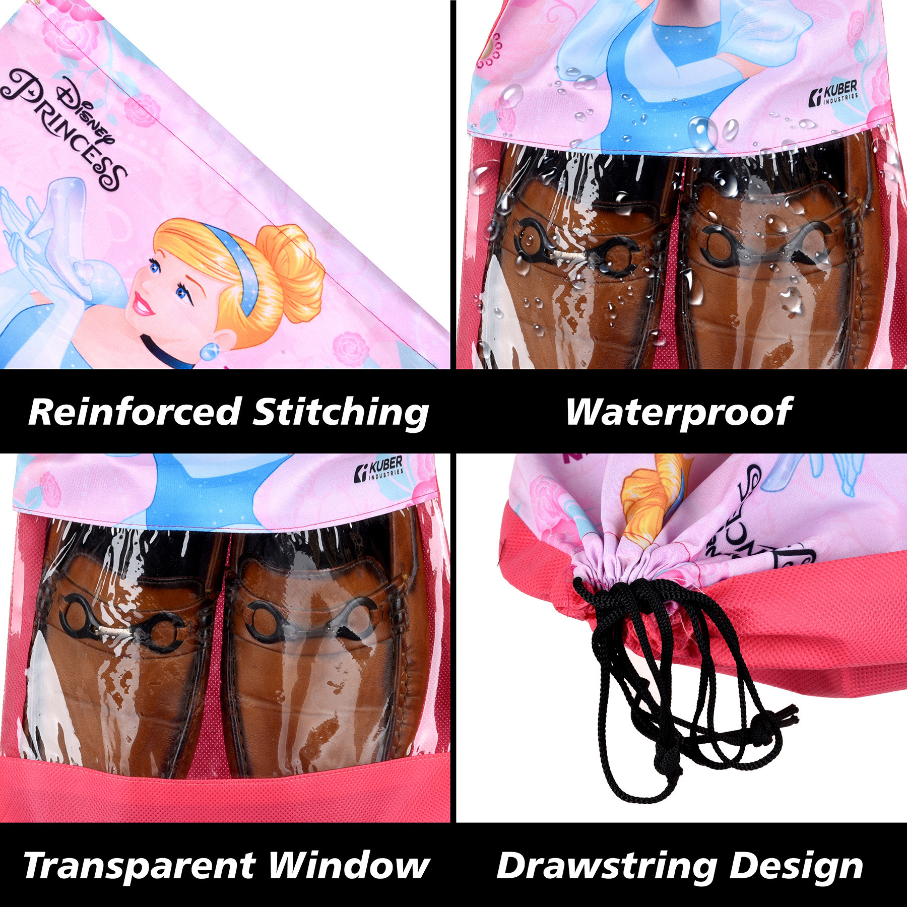 Kuber Industries Disney Princess Shoe Bags | Shoe Bags for Travel | Drawstring Shoe Storage Bags | Storage Organizers Set | Shoe Cover with Transparent Window | Shoe Pouches | Pink
