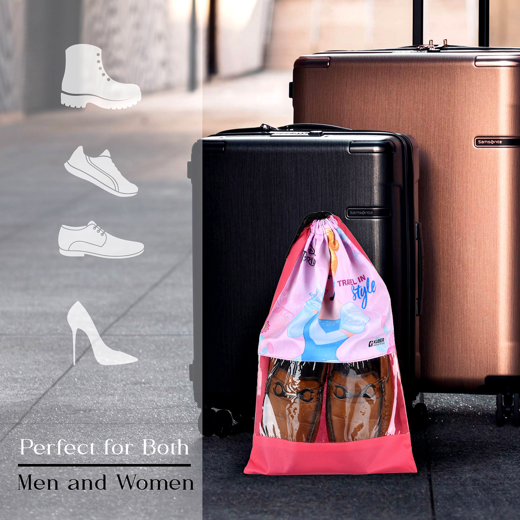 Kuber Industries Disney Princess Shoe Bags | Shoe Bags for Travel | Drawstring Shoe Storage Bags | Storage Organizers Set | Shoe Cover with Transparent Window | Shoe Pouches | Pink